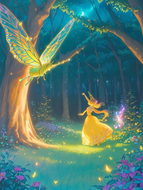 (cute,vibrant colors,fantasy,dreamlike scenery,soft lighting,magical atmosphere,whimsical details),(best quality,ultra-detailed,realistic:1.37),(illustration),(colorful flowers,butterflies,sparkling stars,golden sunlight,fluffy clouds,mystical creatures,enchanted forest,dancing fairies,glowing fireflies,playful unicorns,storybook charm)