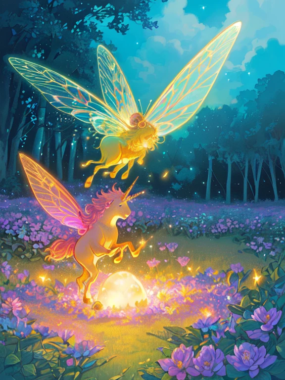 (cute,vibrant colors,fantasy,dreamlike scenery,soft lighting,magical atmosphere,whimsical details),(best quality,ultra-detailed,realistic:1.37),(illustration),(colorful flowers,butterflies,sparkling stars,golden sunlight,fluffy clouds,mystical creatures,enchanted forest,dancing fairies,glowing fireflies,playful unicorns,storybook charm)