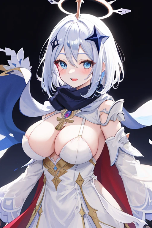 best quality, masterpiece, highres, solo, {paimon_genshin:1.15}, white_hair, halo, hair_ornament, blue_eyes, hair_ween_eyes, short_hair, bangs, open_mouth, blush, smile, cape, 1girl, dress, long_sleeves, looking_at_viewer, scarf, white_dress, (big tits)