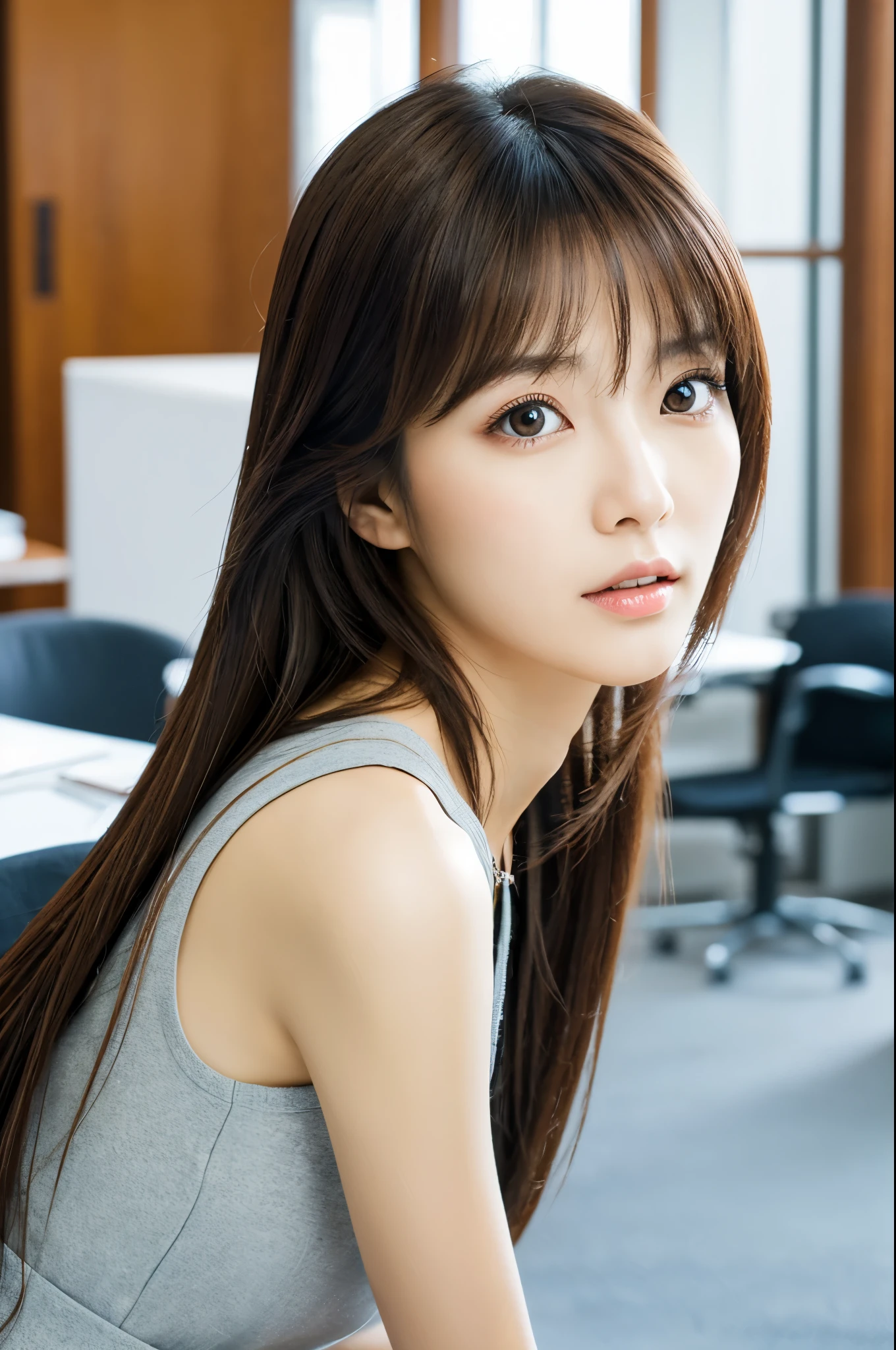 masterpiece, disorganized, small details, HDR, highly detailed face and eyes, Photoreal, full body photo of a skinny Japanese woman, blurred background, Head office photo