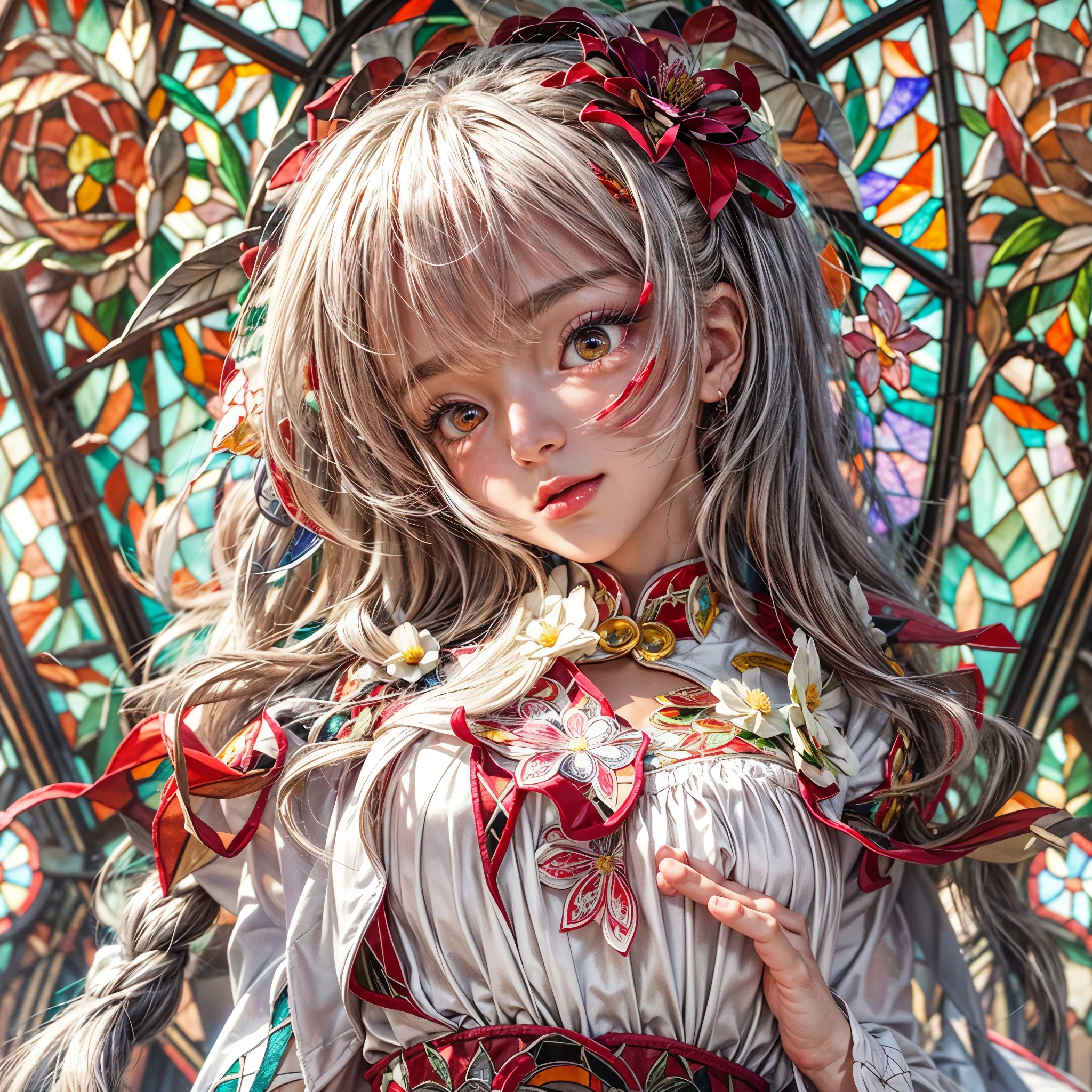 (NSFW:-0.98) . White and Red, (Dazzling colorful light pours down and reflects:1.2), (Physically-based 3D Rendering with incredible detailed Textures), Award-winning Masterpiece of professional Analogue photograpy, { (((Photorealistic:1.37))) | (Hasselblad with F2.8) }, (((Acutance:0.99, Dynamic- Closeup:1.37), { from below | from side } )) . (KAWAII girls in (school uniform)) with visible Overflowing Cleavage and Navel without bra . (((Extremely detailed KAWAII face variations)) with joyful expressions), { Glossy cute Lips Closeup | Detailed natural eyes with sparkling highlights and long eyelashes | Rosy cheeks | Navel | (pretty Ass) | (Overflowing underboob) | Oiled ivory skin Details | White panties with (blood seeping only in crotch area) | ((full of Flowers covering girl's body:1.15)) | (((Dazzling colorful stained glass with stunning elaborate details:1.2))) | Mystic sight | A Halo ling in the air | God rays | Haze | Lens flare | Lens Ghost | Luminescent particles | Halation } . Ultra-detailed, (Exposed:0.8), (((Nipple:-0.9))) .