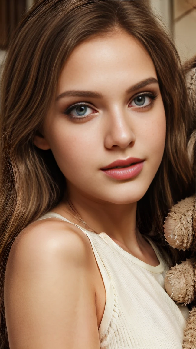 (high quality:1.2,photorealistic),beautiful detailed eyes,beautiful detailed lips,extremely detailed face, longeyelashes, (soft, silky) hair, glowing skin, (charming, radiant) smile, (expressive, sparkling) blue eyes, (flawless, perfect) complexion, (youthful, fresh) appearance, (slim, graceful) figure, (elegant, charming) posture, (relaxed, comfortable) in cute pink pajamas with teddy bear designs, (adorable, cute) pink slippers, surrounded by a soft and warm atmosphere. The room is decorated with dreamy lights and filled with a cozy ambiance. The girl holds a large teddy bear in her arms, showing her affection and love for the toy. The artwork is created with (oil paints, acrylics) on a canvas, capturing the girl's beauty and innocence in a realistic and captivating manner. The colors are vibrant, with shades of pink, blue, and white dominating the palette. The lighting accentuates the girl's features, adding depth and dimension to the painting.