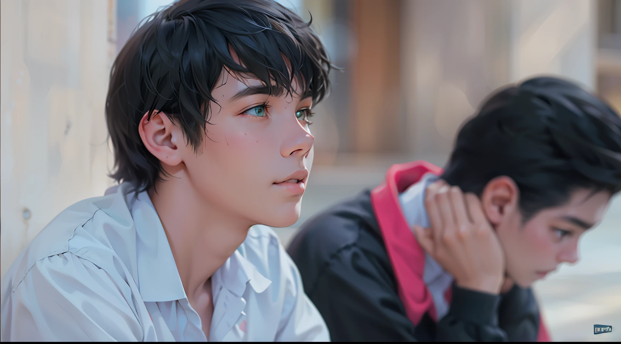 There are two young people sitting next to each other on a bench, They are both and in high school., tienen cabello color verde ojos verdes , esta mirando preocupado a alguien que se acerca