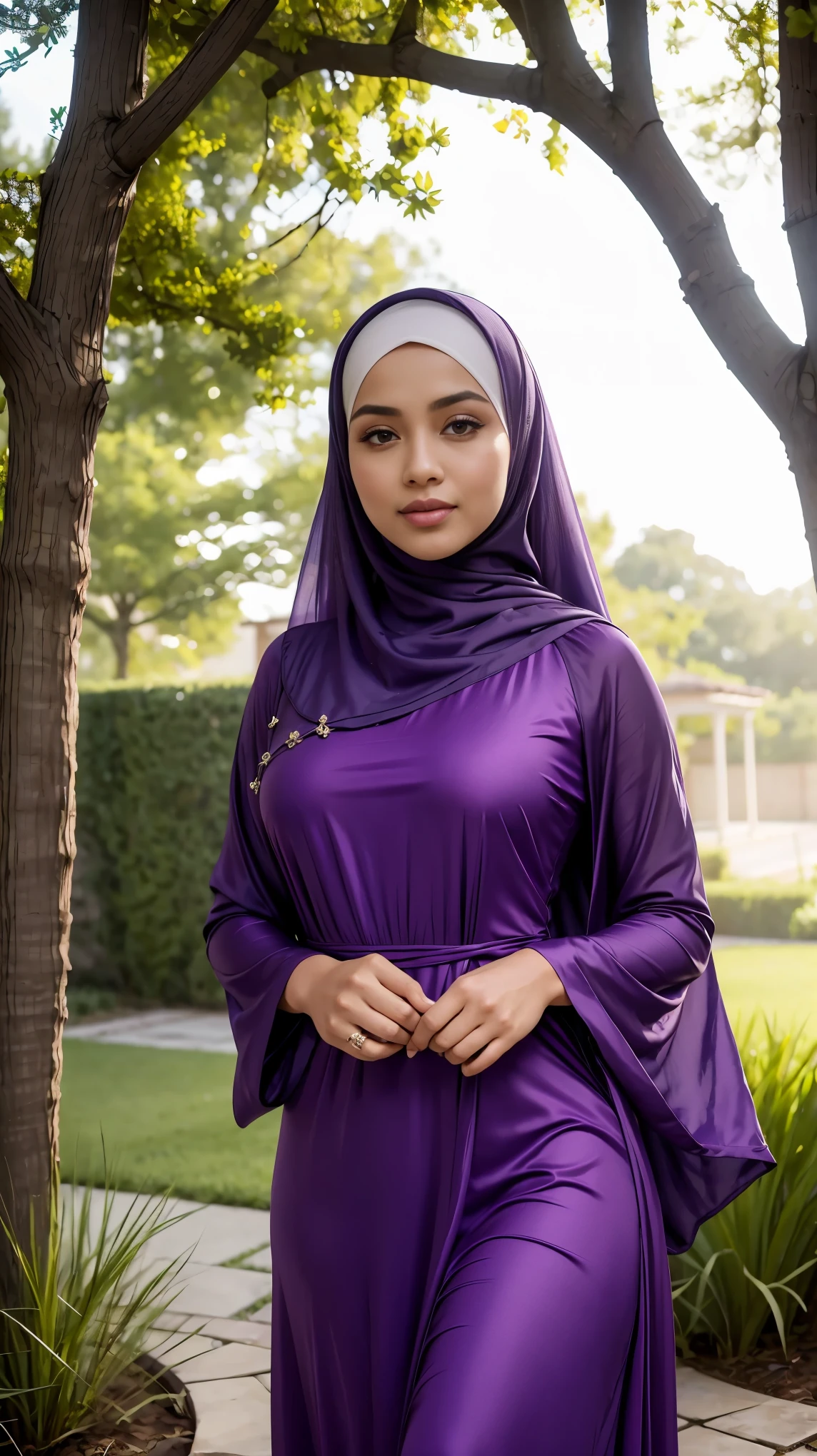 RAW, Best quality, high resolution, masterpiece: 1.3), beautiful Malay woman in hijab, Masterpiece, perfect fit body, big breasts,, beautiful big eyes, Soft smile, muslim woman in a purple dress is standing in a yard, modest flowing gown, purple dress, wearing a flowing dress, long dress female, beautiful soft silky dress, purple tunic, dress in voile, detailed picture, flowing dress, femme, full covered dress, garbed in a purple gown