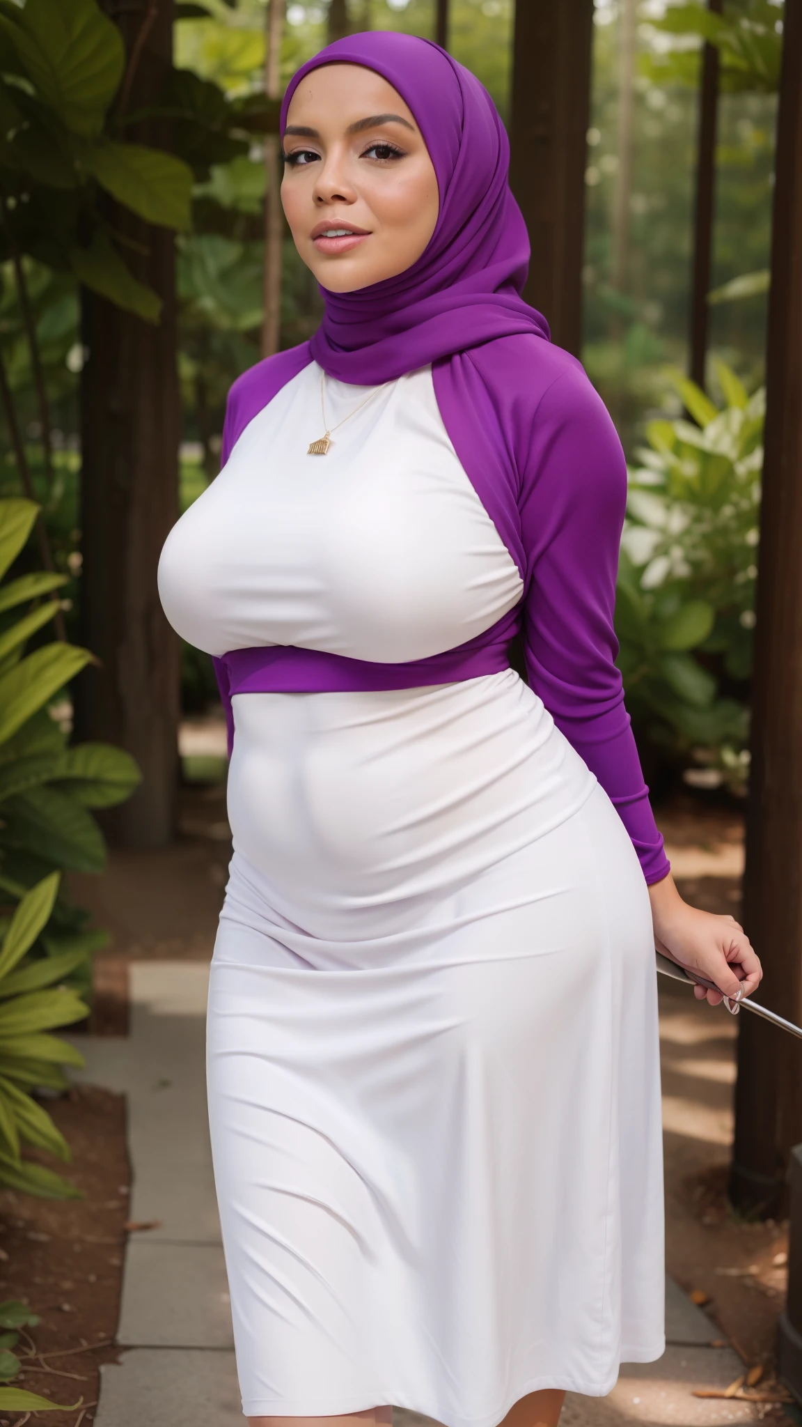  south Indian beautiful woman sexy curvy plus size model wearing different random color skin tight Bollywood Blush Banarasi Dress, eye contact camera view, different style standing position, curvy plus size big hour glass bulky huge figure, big m-cup bulky huge breasts, different style hairstyle, bright eyes, thin eyebrows, fair skin, blushing cheeks, prefect head to thigh close up view, Eden Seraphim Gardens background and location, Dreamcatcher Delight Embroidery, ultra realistic skin texture, head to thigh close up view, smile face, shadow lighting effect, hijab
