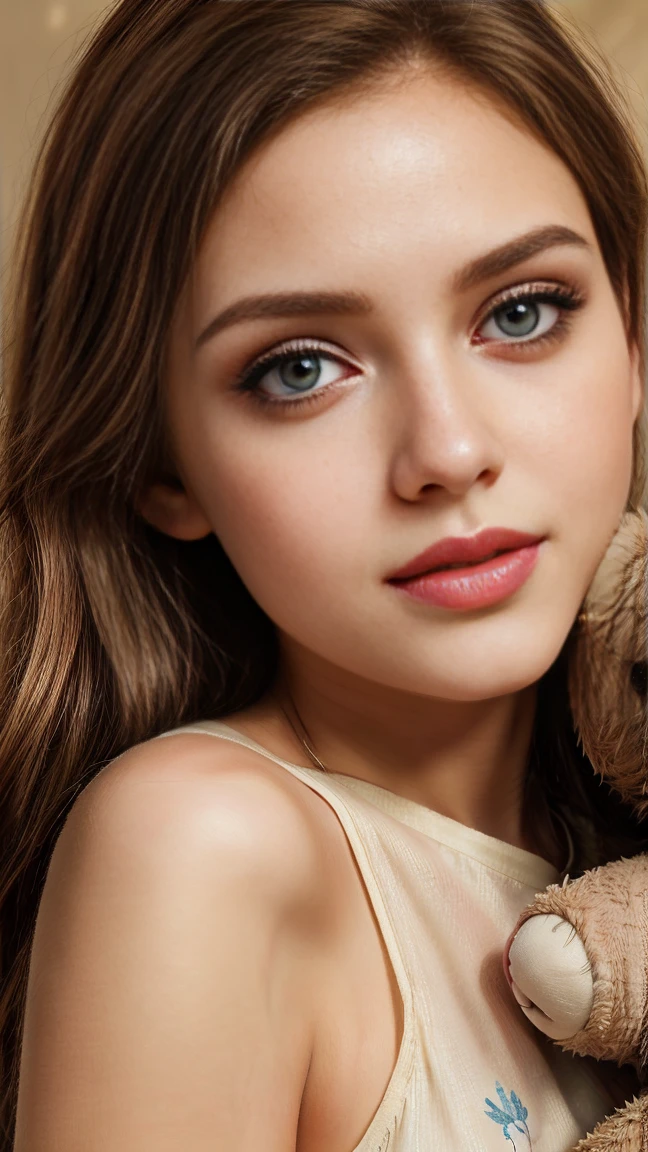 (high quality:1.2,photorealistic),beautiful detailed eyes,beautiful detailed lips,extremely detailed face, longeyelashes, (soft, silky) hair, glowing skin, (charming, radiant) smile, (expressive, sparkling) blue eyes, (flawless, perfect) complexion, (youthful, fresh) appearance, (slim, graceful) figure, (elegant, charming) posture, (relaxed, comfortable) in cute pink pajamas with teddy bear designs, (adorable, cute) pink slippers, surrounded by a soft and warm atmosphere. The room is decorated with dreamy lights and filled with a cozy ambiance. The girl holds a large teddy bear in her arms, showing her affection and love for the toy. The artwork is created with (oil paints, acrylics) on a canvas, capturing the girl's beauty and innocence in a realistic and captivating manner. The colors are vibrant, with shades of pink, blue, and white dominating the palette. The lighting accentuates the girl's features, adding depth and dimension to the painting.