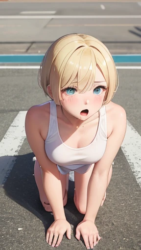 Highly detailed image 8k European junior high school girl Beautiful girl Blonde Short hair Small breasts Beautiful legs Blush Outside the athletics stadium Crawl on all fours View from above Open mouth wide and stick out tongue White skin Regretful expression Looking at camera Full body sweaty White tank top Resistance gesture to do