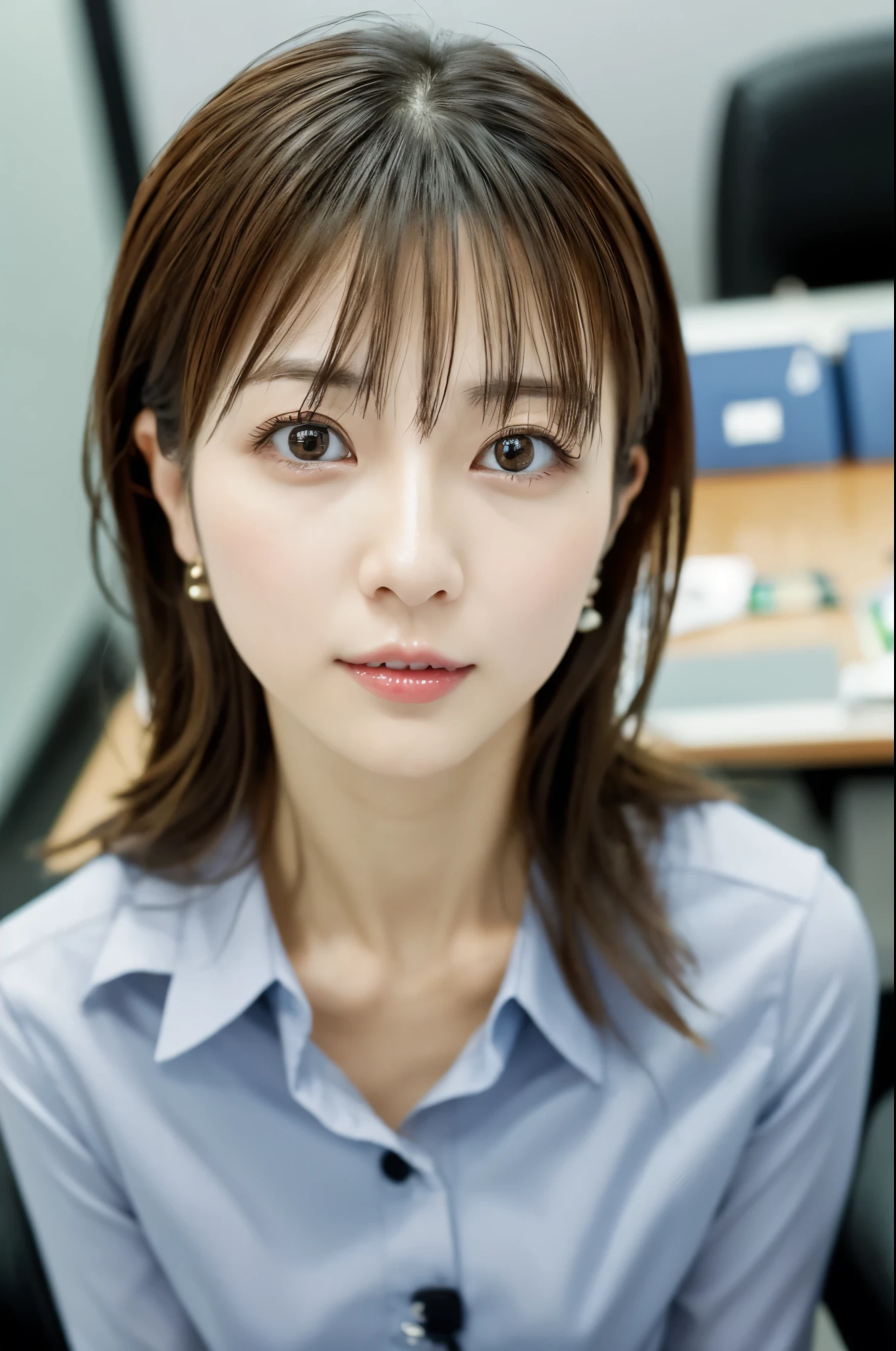 masterpiece, disorganized, small details, HDR, highly detailed face and eyes, Photoreal, full body photo of a skinny Japanese woman, blurred background, Head office photo