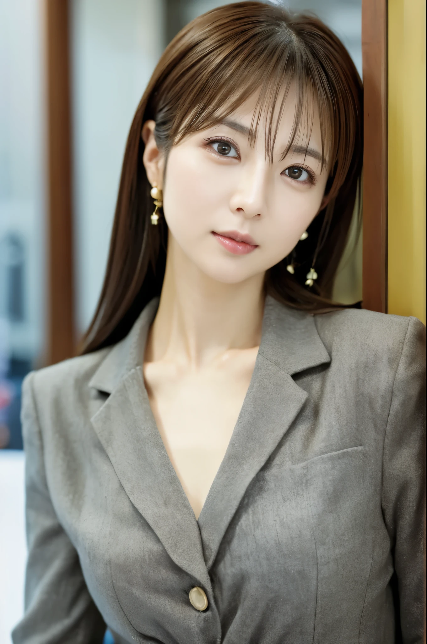 masterpiece, disorganized, small details, HDR, highly detailed face and eyes, Photoreal, full body photo of a skinny Japanese woman, blurred background, Head office photo