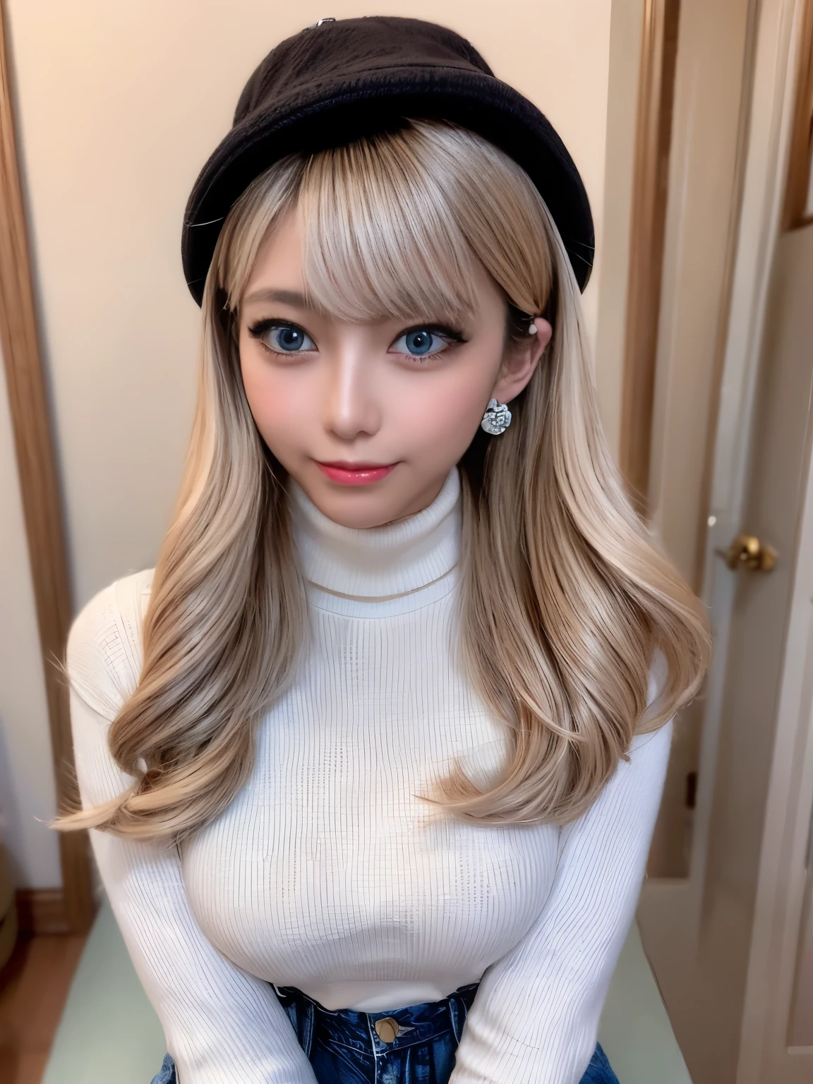 very beautiful asian girl,alone,mature girl,路上でalone,white turtleneck long sleeve sweater,denim short,shiny black ocean hat(very delicate and beautiful work:1.2)super model figures,supermodel height,very beautiful girl,perfect diagram example,slim and toned body,tight body shape,Plump,perfect body curves,of the skin,Clear and elegant skin quality(Advanced skin details:1.1)perfect korean idol face,nice and beautiful smile,long golden hair,head of bright golden wavy hair,Clear and fine-textured hair(premium hair detail:1.1),exquisite eye makeup,delicate eye details,blue eyes(advanced eye details:1.1)Best example of 4 fingers and 1 thumb,Legs with perfect proportions of thighs and calves(jade foot)wear earrings,choker necklace,bracelet,sweater series,jeans series,photographic works,best works,best quality,super sophisticated,very high resolution,aloneの撮影