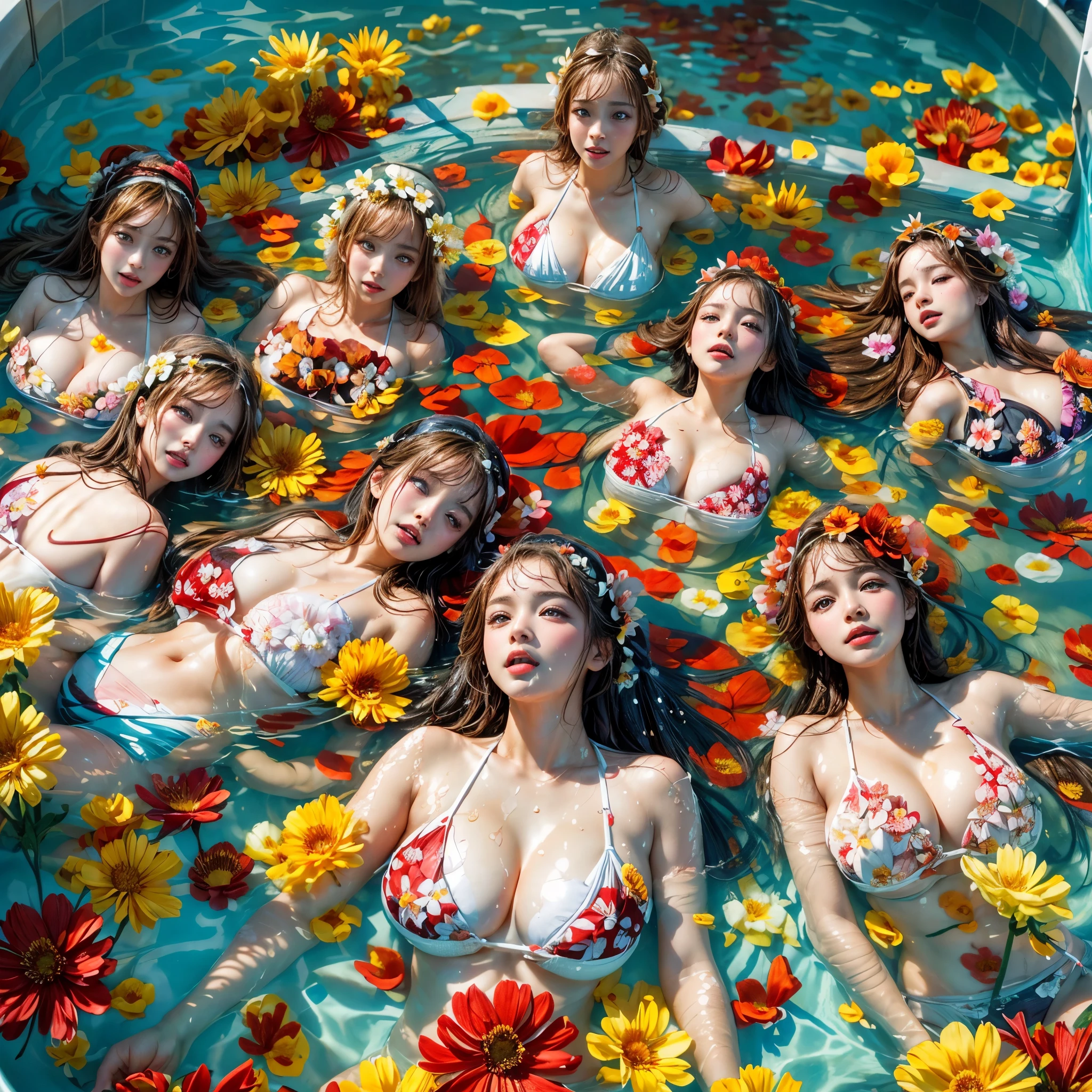 (Full of colorful flowers, White and Red, ((Overhead shot, From directly above))), (Acutance:0.85), ((NSFW:-0.95)), (Exposed:1.1), (((nipple:-0.99))) . ((Group photo of 6 girls (laying in a pool filled with flower:1.25))), { (Full of flowers covering and surrounding girl's body:1.2) | (Flower Bikini knitted with flowers:1.3) }, (((Extremely Detailed KAWAII face variations)) with joyful expressions), { (pretty Ass) | Overflowing sideboob | Overflowing underboob | Hidden hands | Bloody crotch } . Masterpiece of 8K Finest Quality, (Physically-based 3D Rendering with Ultra-detailed:1.2), (((Realistic and Photorealistic with touch of rawness:1.37))) . { wet and oiled ivory skin with tanline | Sparkling splash with Rainbow | Mystic sight | God rays | Haze }. (Absolutely filled with flowers), Overflowing flowers, all of water surface is absolutely filled with flowers, Full of flowers .