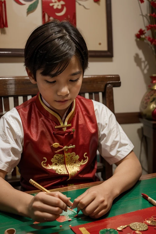 show me a boy doing arts and crafts, theme: dragon/chinese new year