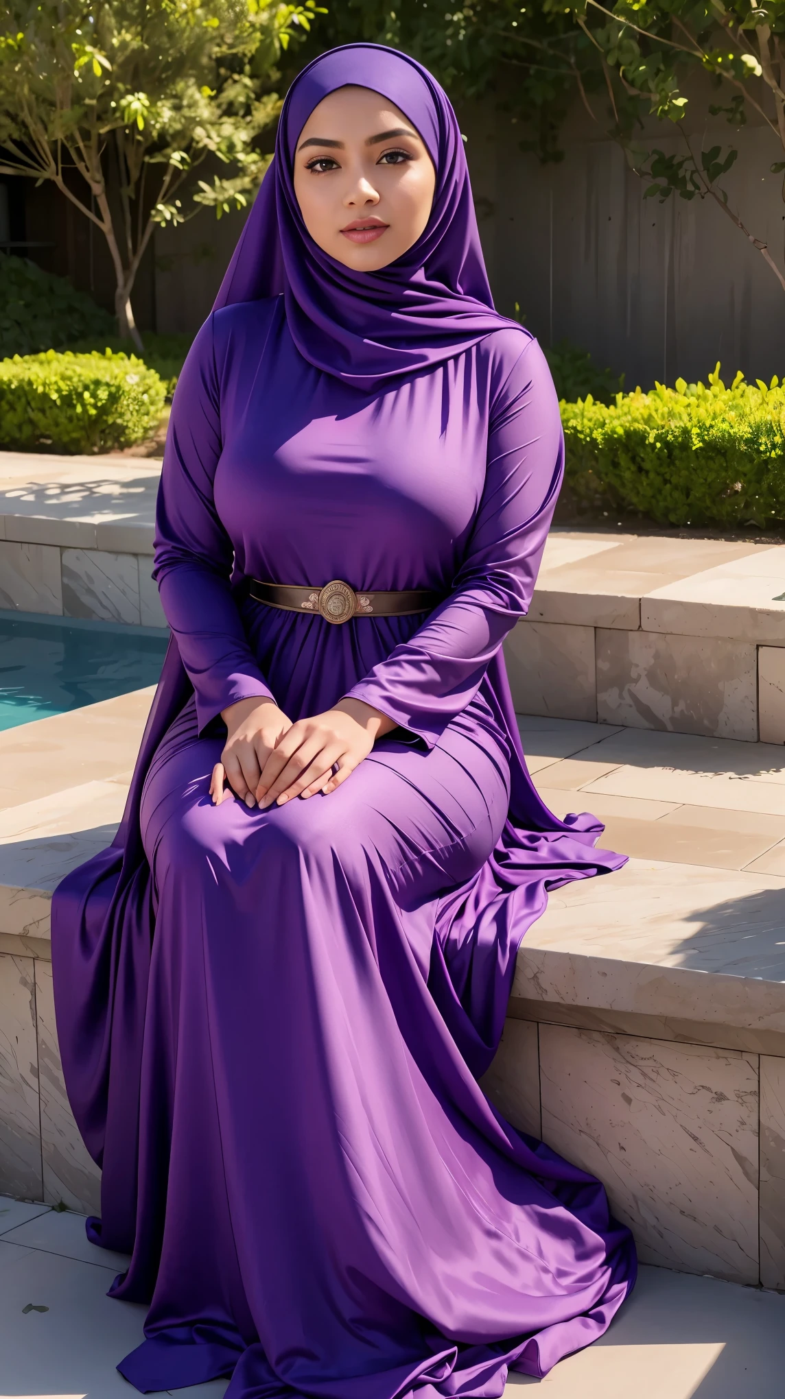 RAW, Best quality, high resolution, masterpiece: 1.3), beautiful Malay woman in hijab, Masterpiece, perfect fit body, big breasts,, beautiful big eyes, Soft smile, muslim ,close up, woman in a purple dress is sitting in a yard, modest flowing gown, purple dress, wearing a flowing dress, long dress female, beautiful soft silky dress, purple tunic, dress in voile, detailed picture, flowing dress, femme, full covered dress, garbed in a purple gown