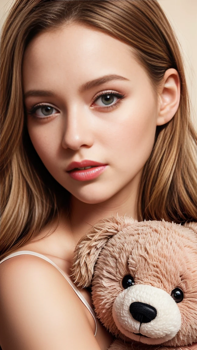 (high quality:1.2,photorealistic),beautiful detailed eyes,beautiful detailed lips,extremely detailed face, longeyelashes, (soft, silky) hair, glowing skin, (charming, radiant) smile, (expressive, sparkling) blue eyes, (flawless, perfect) complexion, (youthful, fresh) appearance, (slim, graceful) figure, (elegant, charming) posture, (relaxed, comfortable) in cute pink pajamas with teddy bear designs, (adorable, cute) pink slippers, surrounded by a soft and warm atmosphere. The room is decorated with dreamy lights and filled with a cozy ambiance. The girl holds a large teddy bear in her arms, showing her affection and love for the toy. The artwork is created with (oil paints, acrylics) on a canvas, capturing the girl's beauty and innocence in a realistic and captivating manner. The colors are vibrant, with shades of pink, blue, and white dominating the palette. The lighting accentuates the girl's features, adding depth and dimension to the painting.