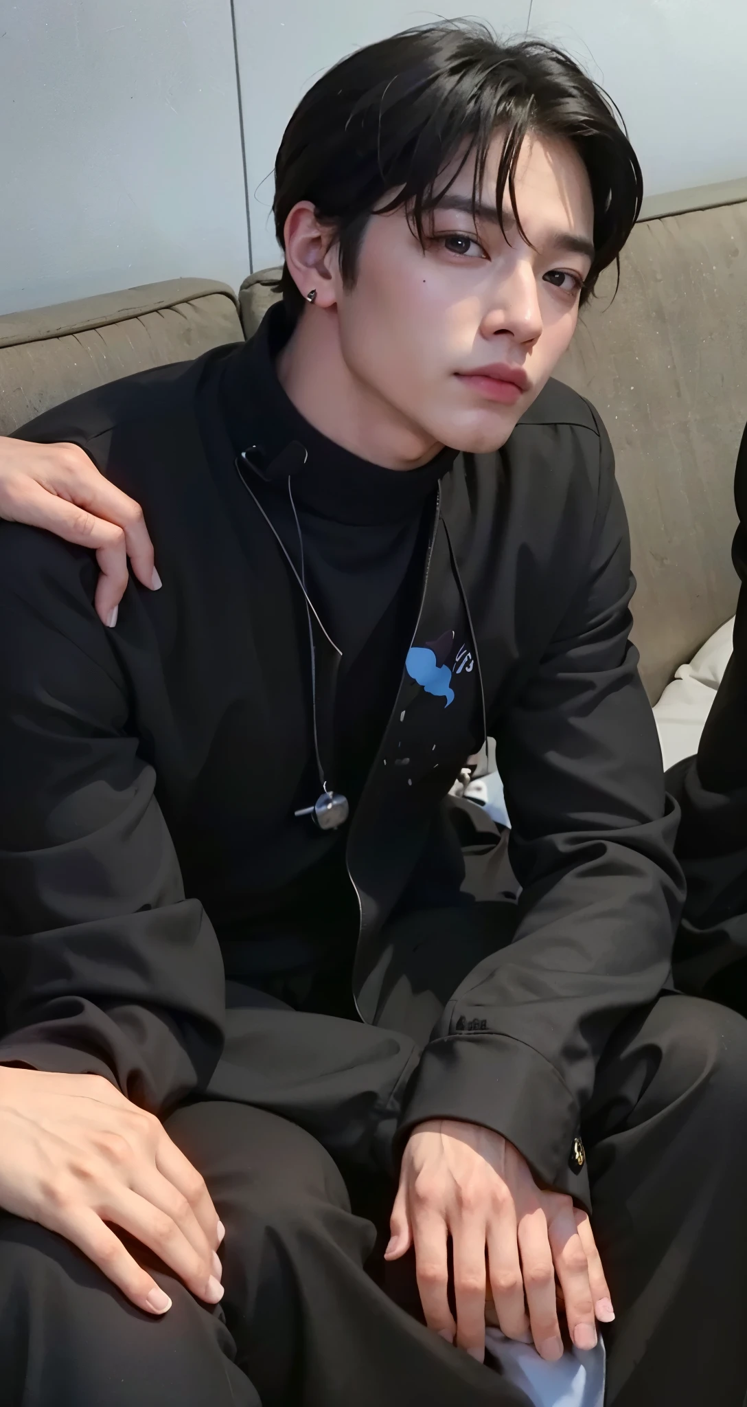 Arafed image of a man wearing a brown shirt and a black watch., jungkook, taehyung comiendo papas fritas gucci, kanliu666, ojos pesados hacia un lado, Jung Jaehyun, kim doyoung, sakimichan, Jimin\his right eyelid is swollen, frown, TaeJune Kim, ojos holgados, Sus ojos sangran intensamente, SFW