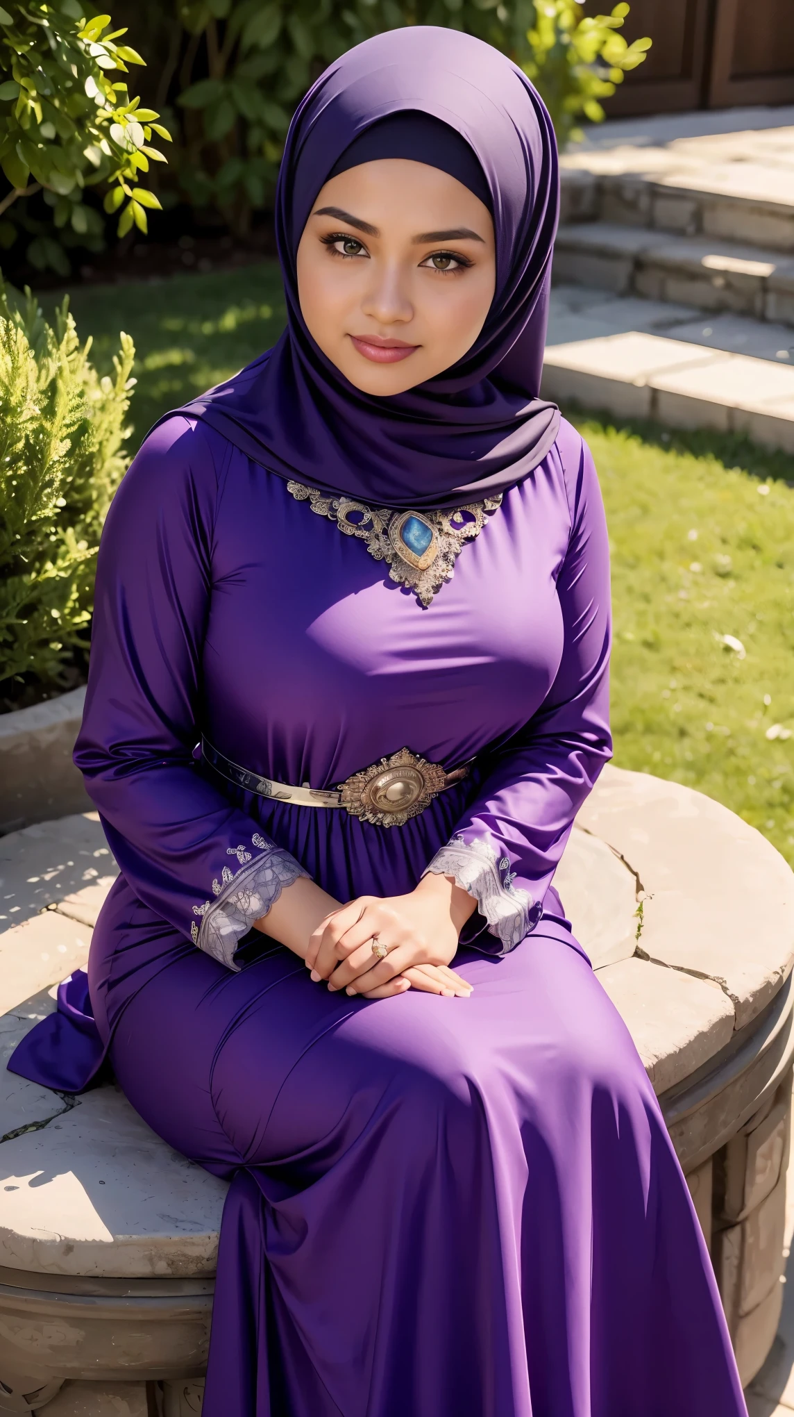 RAW, Best quality, high resolution, masterpiece: 1.3), beautiful Malay woman in hijab, Masterpiece, perfect fit body, big breasts,, beautiful big eyes, Soft smile, muslim ,close up, woman in a purple dress is sitting in a yard, modest flowing gown, purple dress, wearing a flowing dress, long dress female, beautiful soft silky dress, purple tunic, dress in voile, detailed picture, flowing dress, femme, full covered dress, garbed in a purple gown 