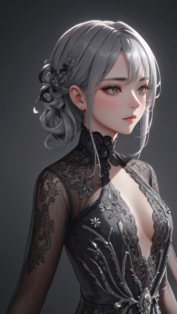 highly detailed, 8k, masterpiece, 1girl, Grey two-tone_hair, dress , , (perfect_face), ornate, intricate, dramatic lighting, 4k, detailed_background, caustics, portrait, , from_side  