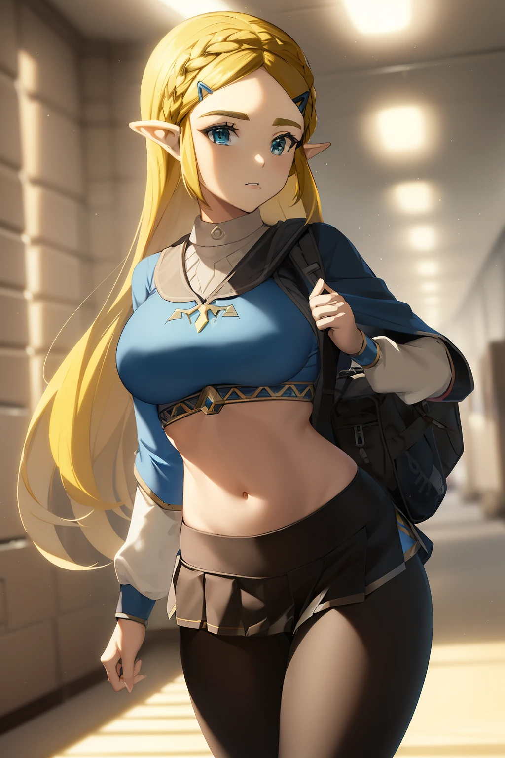 masterpiece, best_quality, 1girl, solo, princess zelda, nintendo, the legend of zelda,  botw, blue croptop, black legwear, leggings, black pants, schoolbag, college student, midriff, black tights, hallway, large breasts