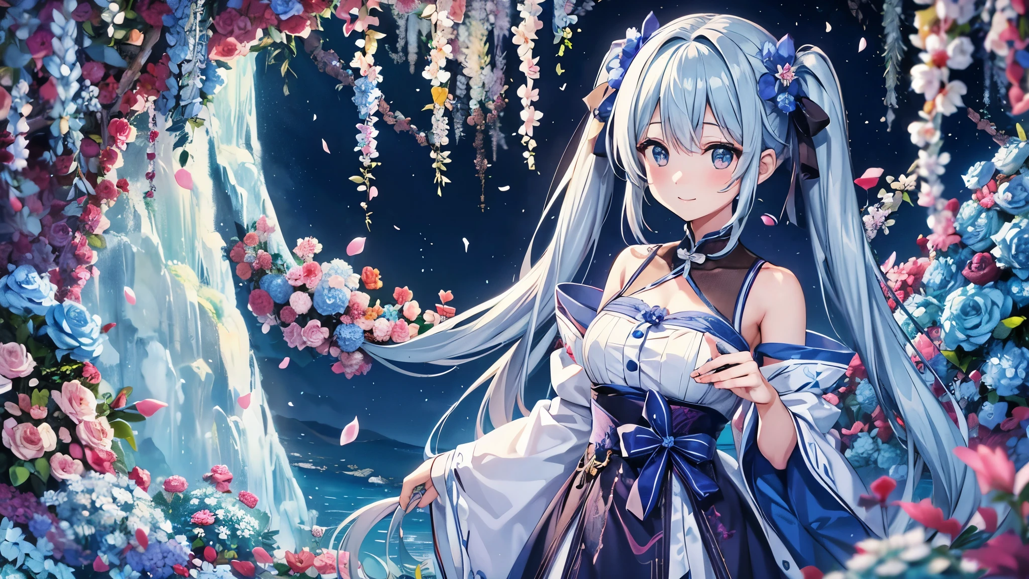 Girl Standing In The Middle. adorable smile、
light blue long hair、The hairstyle is twin tails、
If the sea of flowers were as beautiful as a dream, Then the girl was the dream of all beautiful dreams.
sheの目はsheの歯と同じくらい輝いていました. she'At first glance it looks like a countryside、、、、々There was a look of destruction in his eyes........ sheの肌は翡翠のように完璧だった, and soft like a flower. sheを妖精の化身と呼ぶのはsheにとって侮辱だろう...... she was a peerless beauty who could bend even flowers....., And the moon hides shyly.