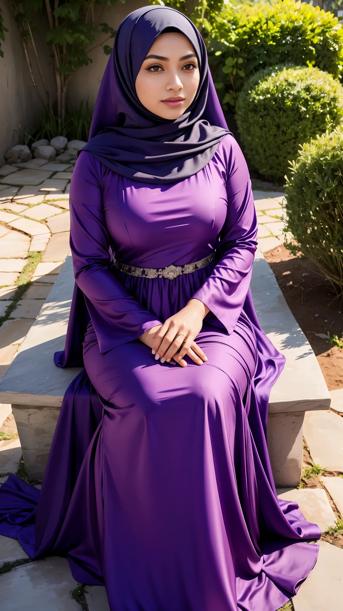 RAW, Best quality, high resolution, masterpiece: 1.3), beautiful Malay woman in hijab, Masterpiece, perfect fit body, big breasts,, beautiful big eyes, Soft smile, muslim ,close up, woman in a purple dress is sitting in a yard, modest flowing gown, purple dress, wearing a flowing dress, long dress female, beautiful soft silky dress, purple tunic, dress in voile, detailed picture, flowing dress, femme, full covered dress, garbed in a purple gown 