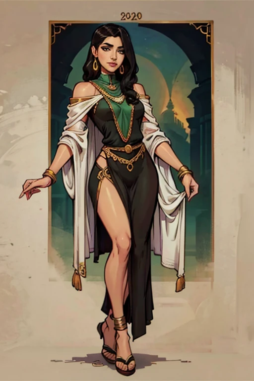 female, 5 foot 5 inches tall, slim body build, waist length wavy brunette to black hair, green eyes, mid 20 age, ethnicity india, ethnicity middle eastern, clothing style 1920-30's, demure dress style, clothing not revealing