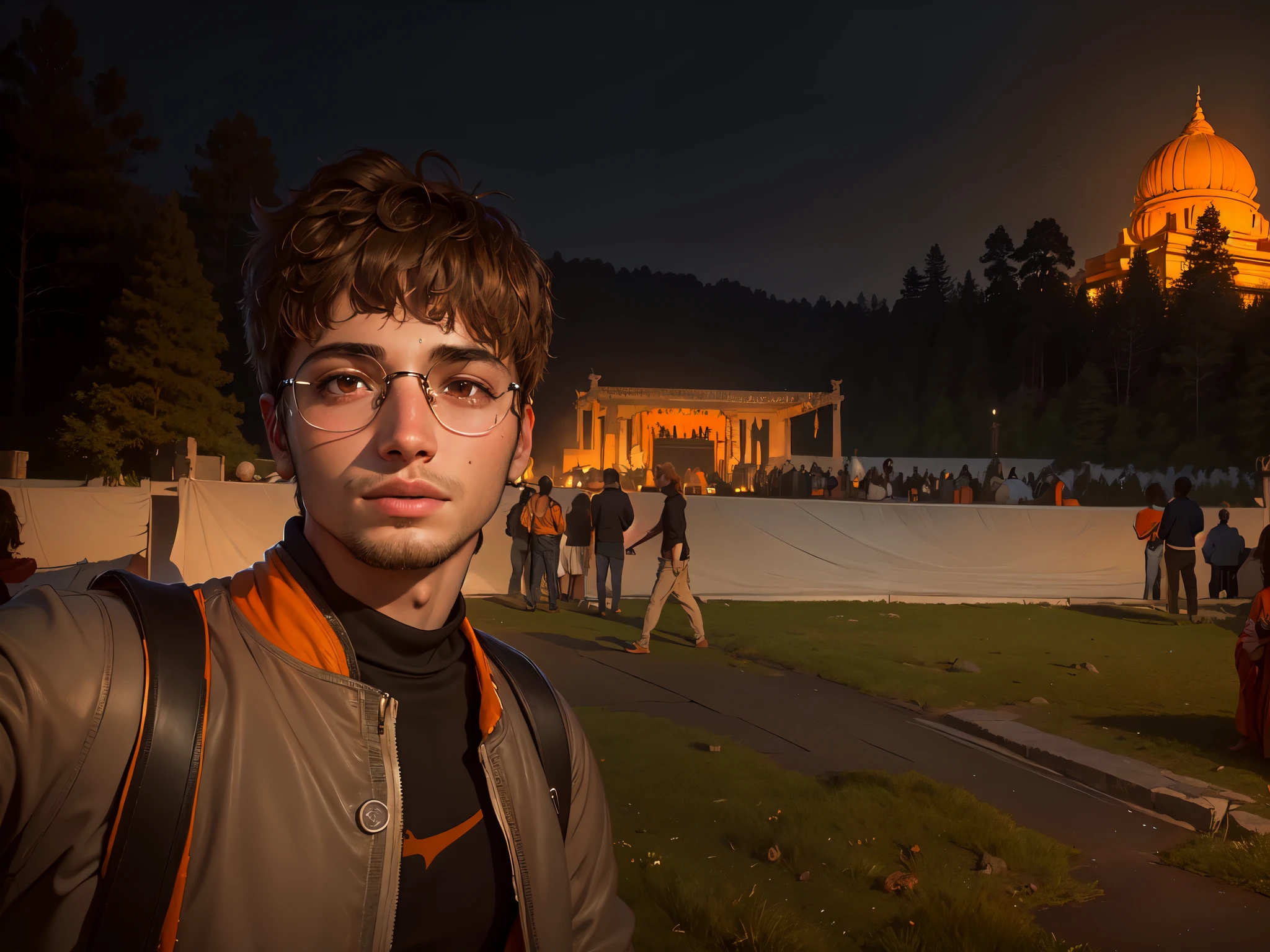 a hyper-realistic portrait of a young guy, in the middle of nature, 22 years old, realistic, (lying on her side), sexy, (handsome), short brown hair, (messy hairstyles), (fair skin), wearing a cool jacket, perfect eyes, ((orange eyes)), perfect nose, perfect lips. City background, (forest), ((A big Hindu temple in the background)), (night)