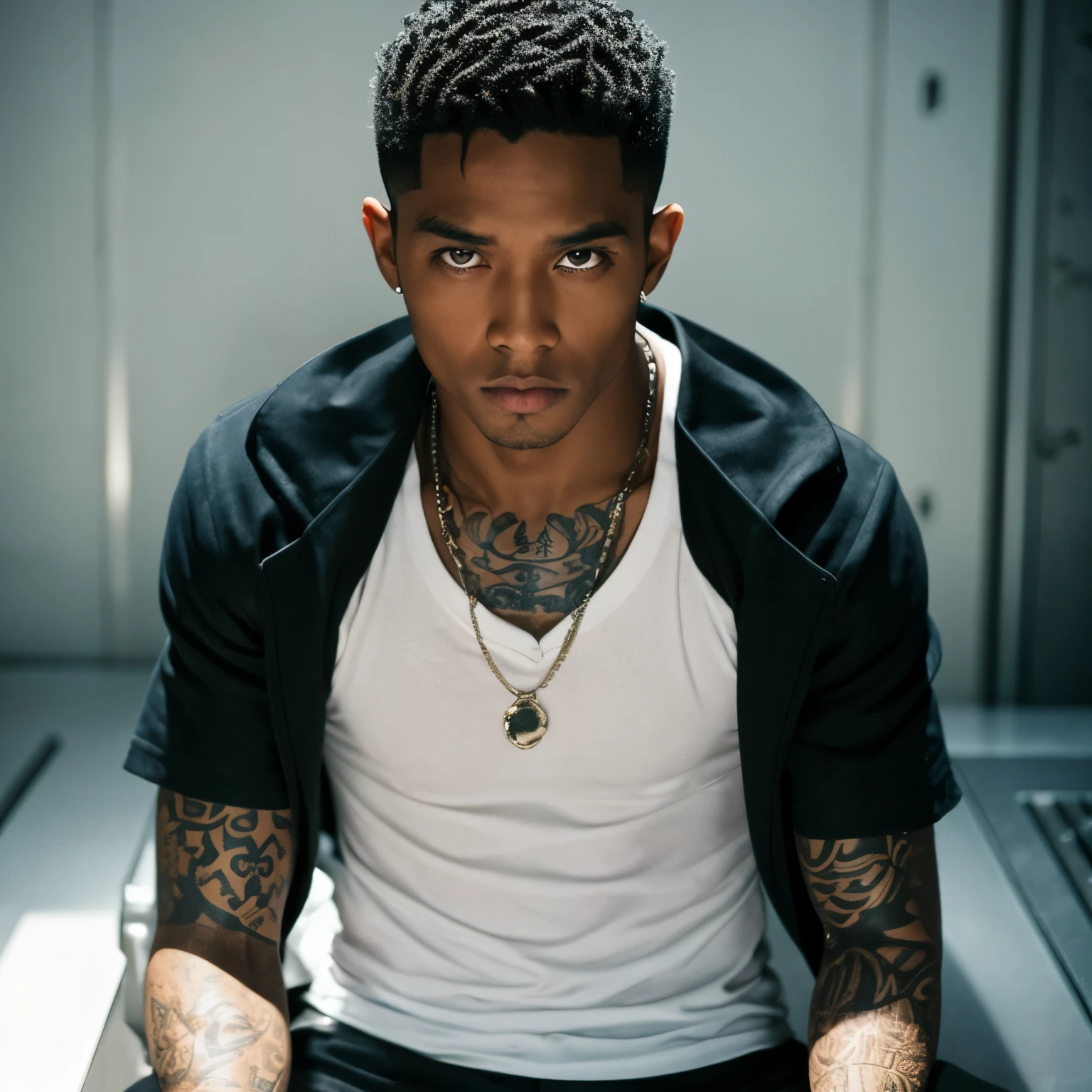 Black man, short gradient hair, tribal tattoos, serious expression, attractive, gangster