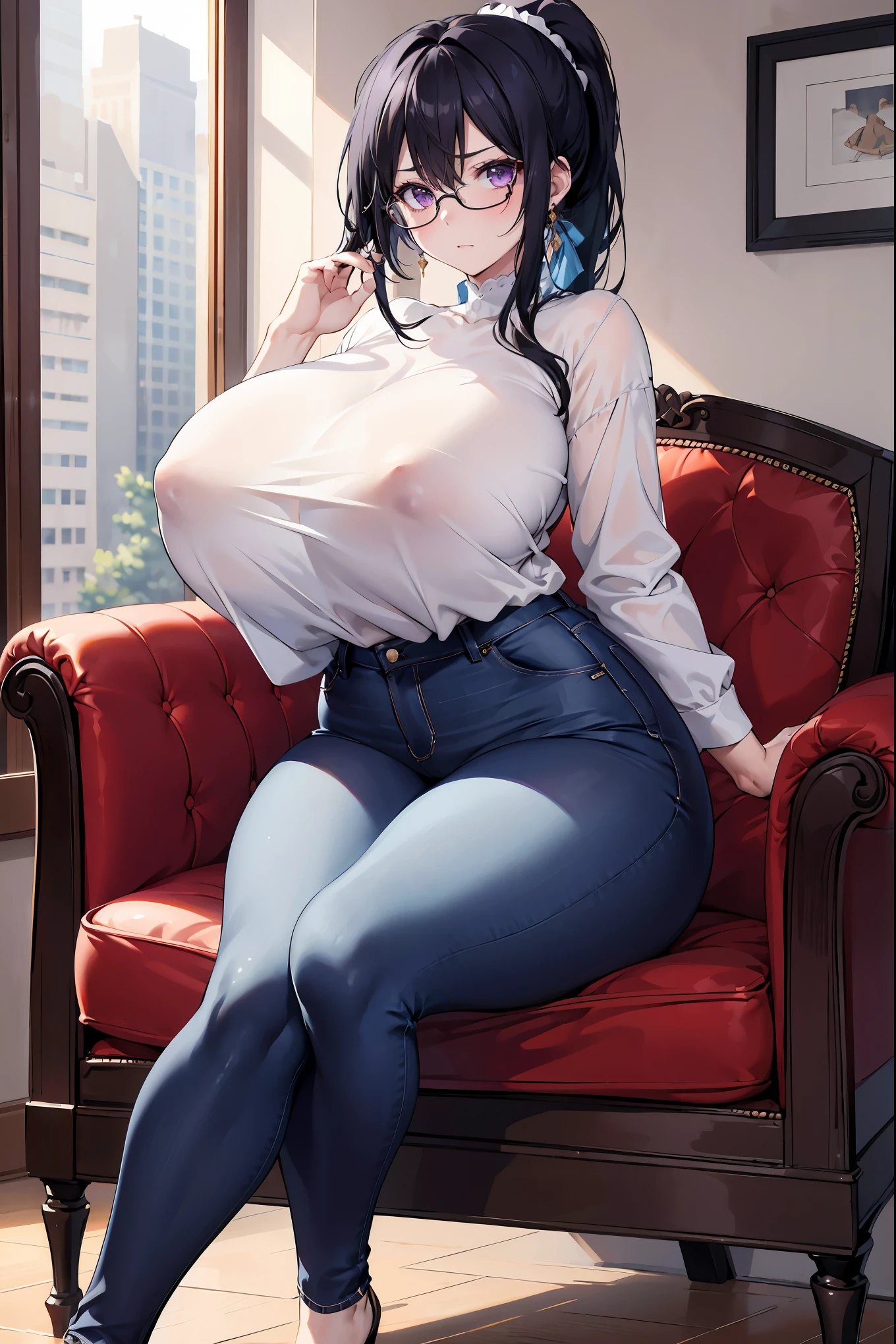 (best quality), (unmatched masterpiece), absurdities, 4k wallpaper, detailed eyes, beautiful eyes, perfect hands, beautiful skin, detailed clothes, perfect body, perfect shadows, full body, perfect light, detailed eyes, detailed face , 4k resolution, best resolution, full body, adult woman, milf, blue-black hair with a ponytail, purple eyes, wears glasses, wears jeans and a very modest loose blouse, disgusted and angry face, very voluptuous body, huge breasts, oppai, huge thighs, perfect thighs, he's at home
