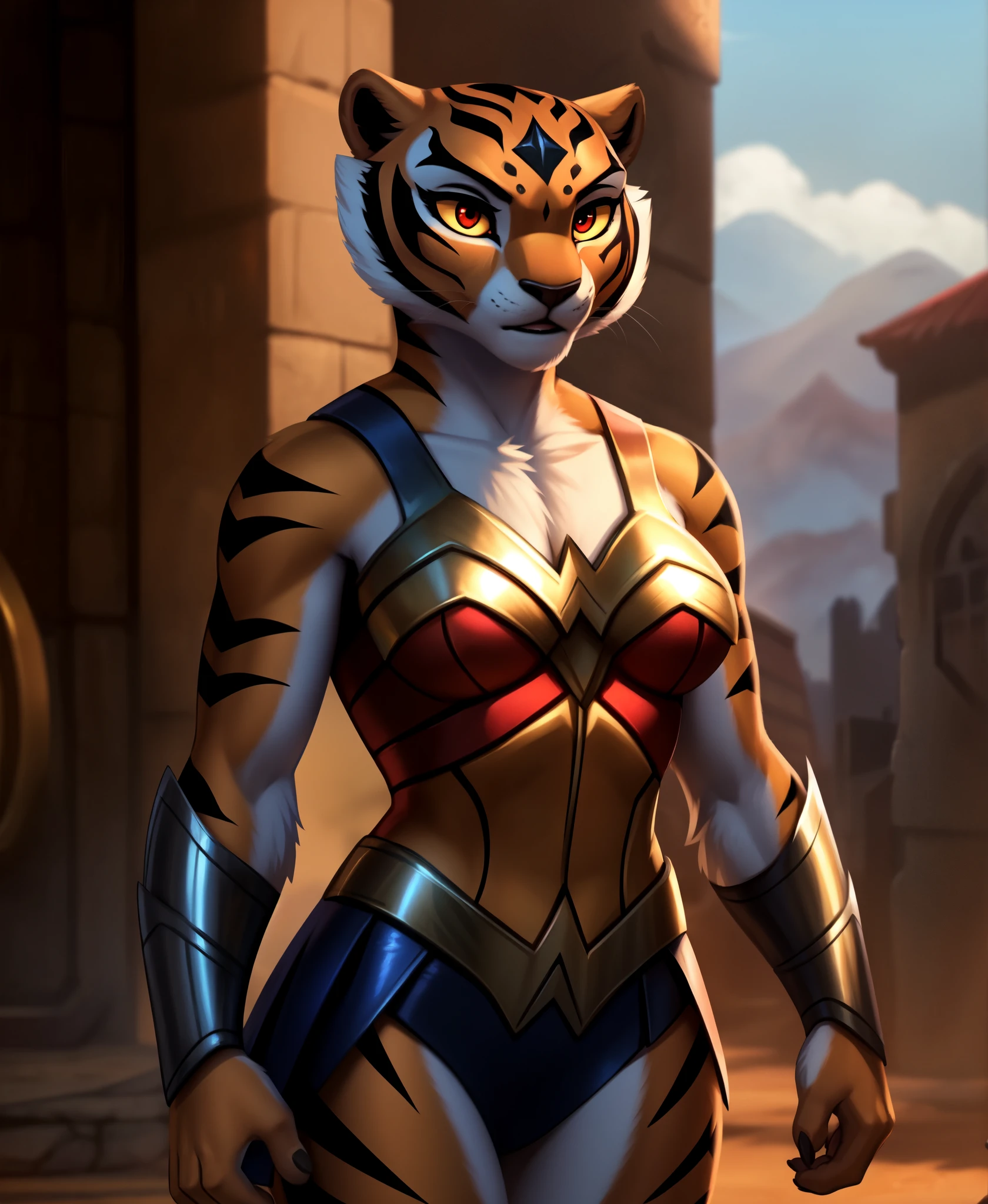 (by kilver), (by canxue), (by yuris (artist)), (by skyline comet), (by pestil),, solo,female (cute:1.1) master tigress,detailed background, outdoors, cinematic lighting, animated movie, artistic, 8k hd, photo, photoreal, (detailed fur:1.3) (furr detail, fluffy:1.3), (big detailed red eyes, yellow sclera:1.2),, depth of field,,, wearing Wonder Woman's Armor from (Justice League: unlimited),