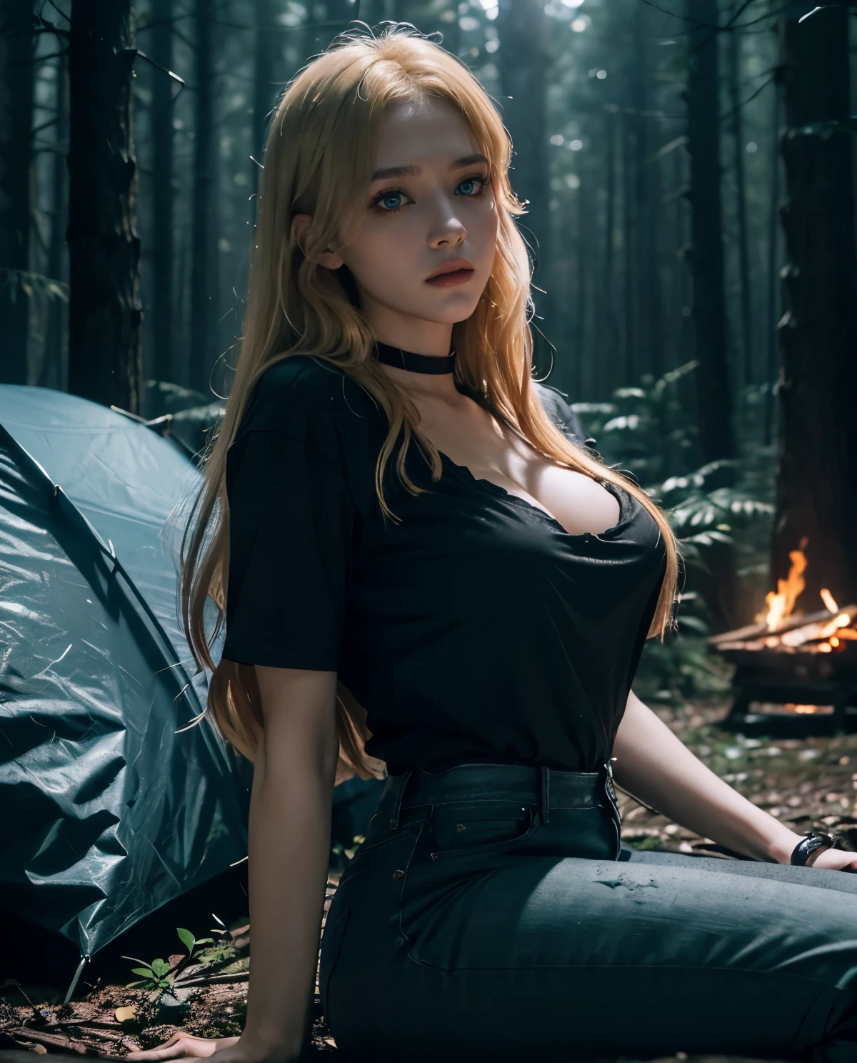 1girl, Blue eyes, (serious face), (in a dark and dense dark forest at night :1.4), gothic horror vibes, (Sana Minatozaki), wide hips, Big , big ass, (Best Quality, 8k, Masterpiece: 1.3), perfect hands, Clear Focus: 1.2, Perfect Body Beauty: 1.4, Highly detailed face and skin texture, detailed eyes, double eyelids, (blonde long hair :1.2), (black cleavage t-shirt), (jeans), camping sitting by a campfire, Dense weather, ((dark theme :1.3)), (in the dark), (fog), dark background