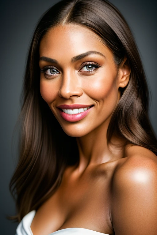centerfold photograph, of a 35 year old gorgeous super model woman, caramel skin, closed smile, highly detailed face, setting studio, hyper realistic, lifelike texture, dramatic lighting, perfect makeup, perfect eyes, perfect iris, perfect lips, perfect teeth, perfect skin, soft front light, glow, HDR, strapless dress, melanin