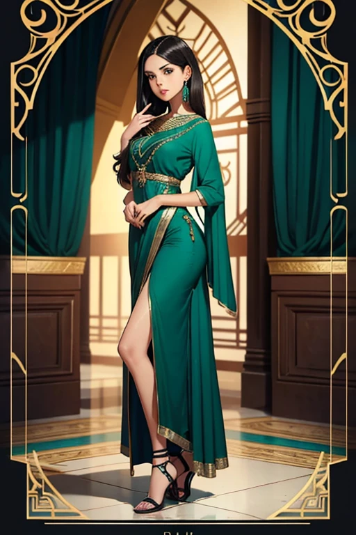 female, 5 foot 5 inches tall, slim body build, waist length wavy brunette to black hair, green eyes, mid 20 age, ethnicity india, ethnicity middle eastern, clothing style 1920-30's, demure dress style, clothing not revealing