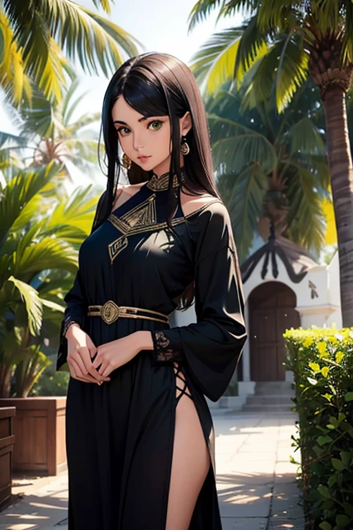 female, 5 foot 5 inches tall, slim body build, waist length wavy brunette to black hair, green eyes, mid 20 age, ethnicity india, ethnicity middle eastern, clothing style 1920-30's, demure dress style, clothing not revealing