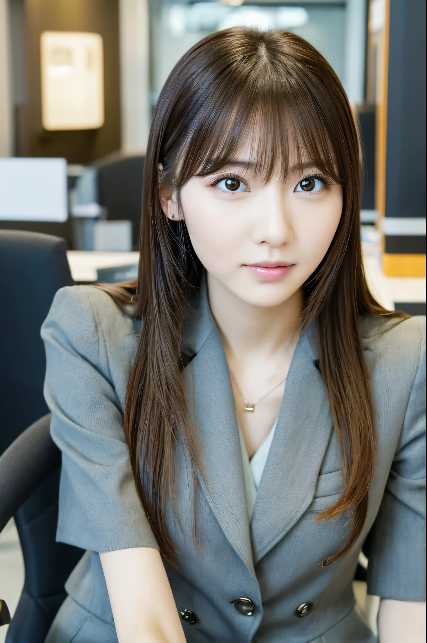masterpiece, disorganized, small details, HDR, highly detailed face and eyes, Photoreal, full body photo of a skinny Japanese woman, blurred background, Head office photo