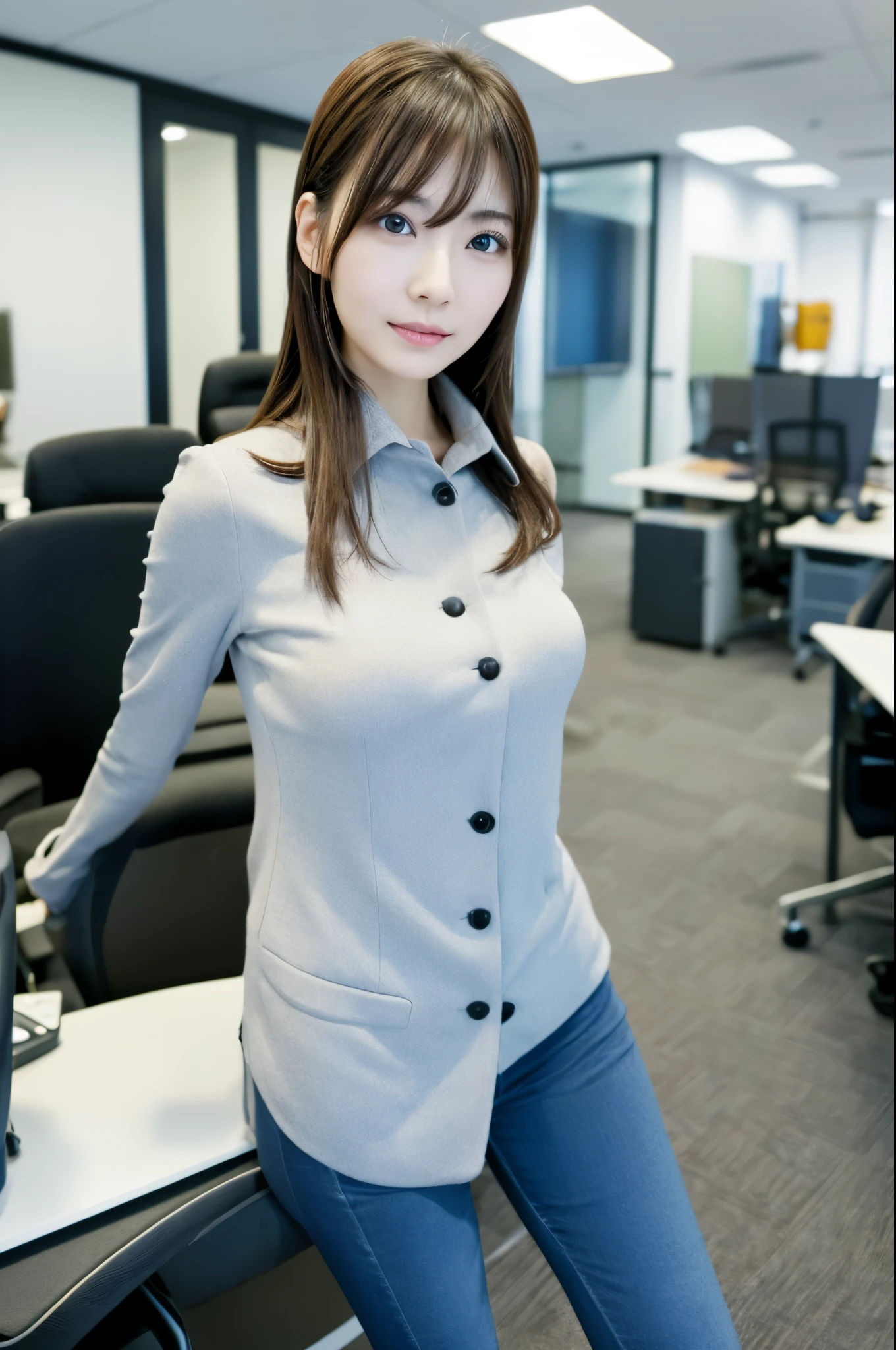 masterpiece, disorganized, small details, HDR, highly detailed face and eyes, Photoreal, full body photo of a skinny Japanese woman, blurred background, Head office photo