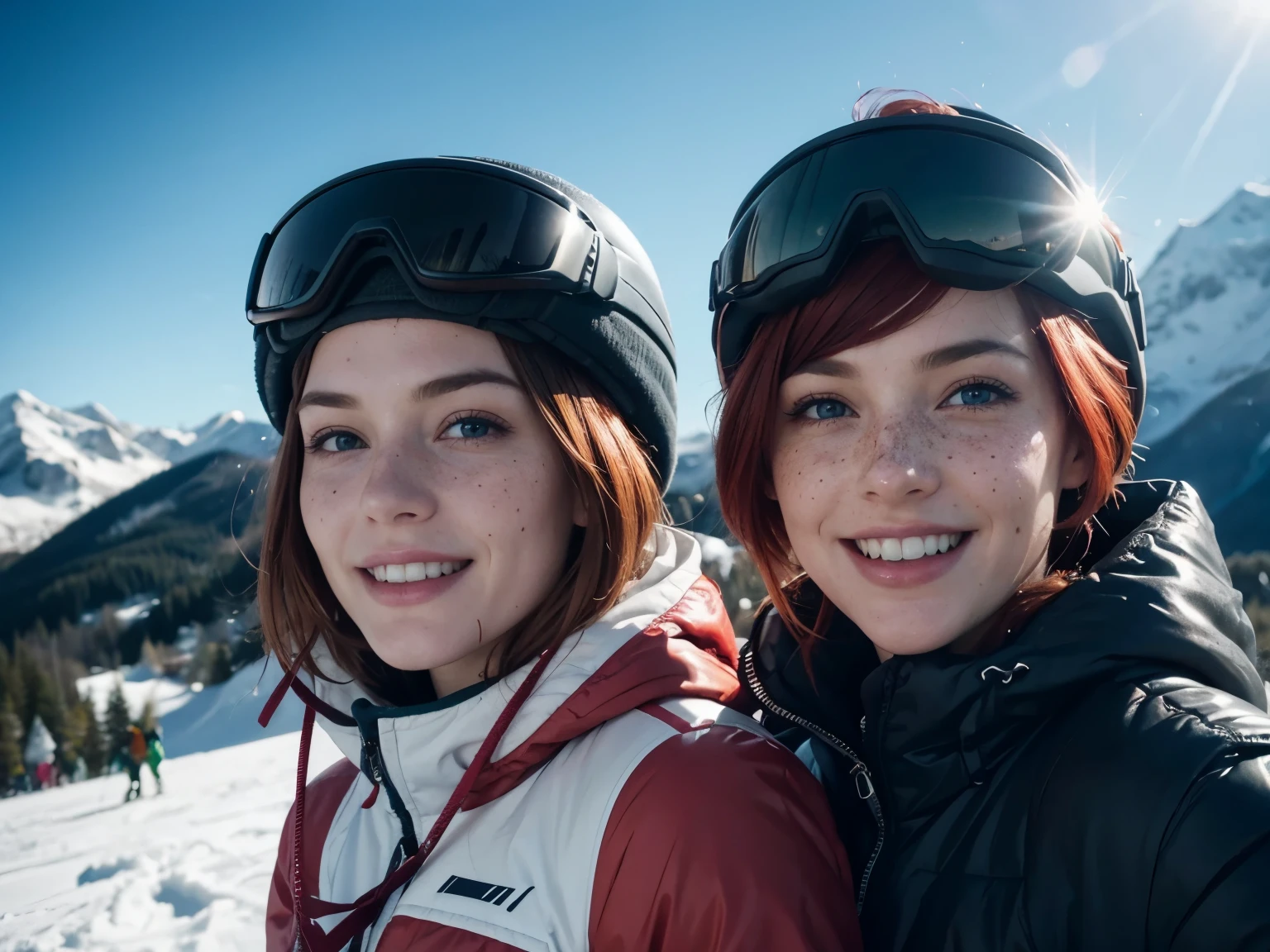feminine figure, redhead, freckles, best quality, realistic skin texture, photography, detailed facial features, film grain texture and high contrast, extremely high-resolution details, photographic, photorealistic, hyper-realistic, HDR, masterpiece, short hair, winter coat, ski helmet, ski goggles with iridium coating, slalom slope background with people skiing, smiling, having fun, clear blue sky