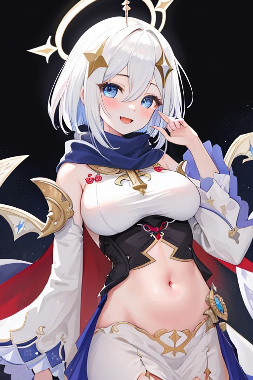 best quality, masterpiece, highres, solo, {paimon_genshin:1.15}, (white_hair), halo, hair_ornament, blue_eyes, hair_between_eyes, short_hair, bangs, open_mouth, blush, smile, cape, 1girl, dress, long_sleeves, looking_at_viewer, scarf, white_dress, (big tits), exposed belly