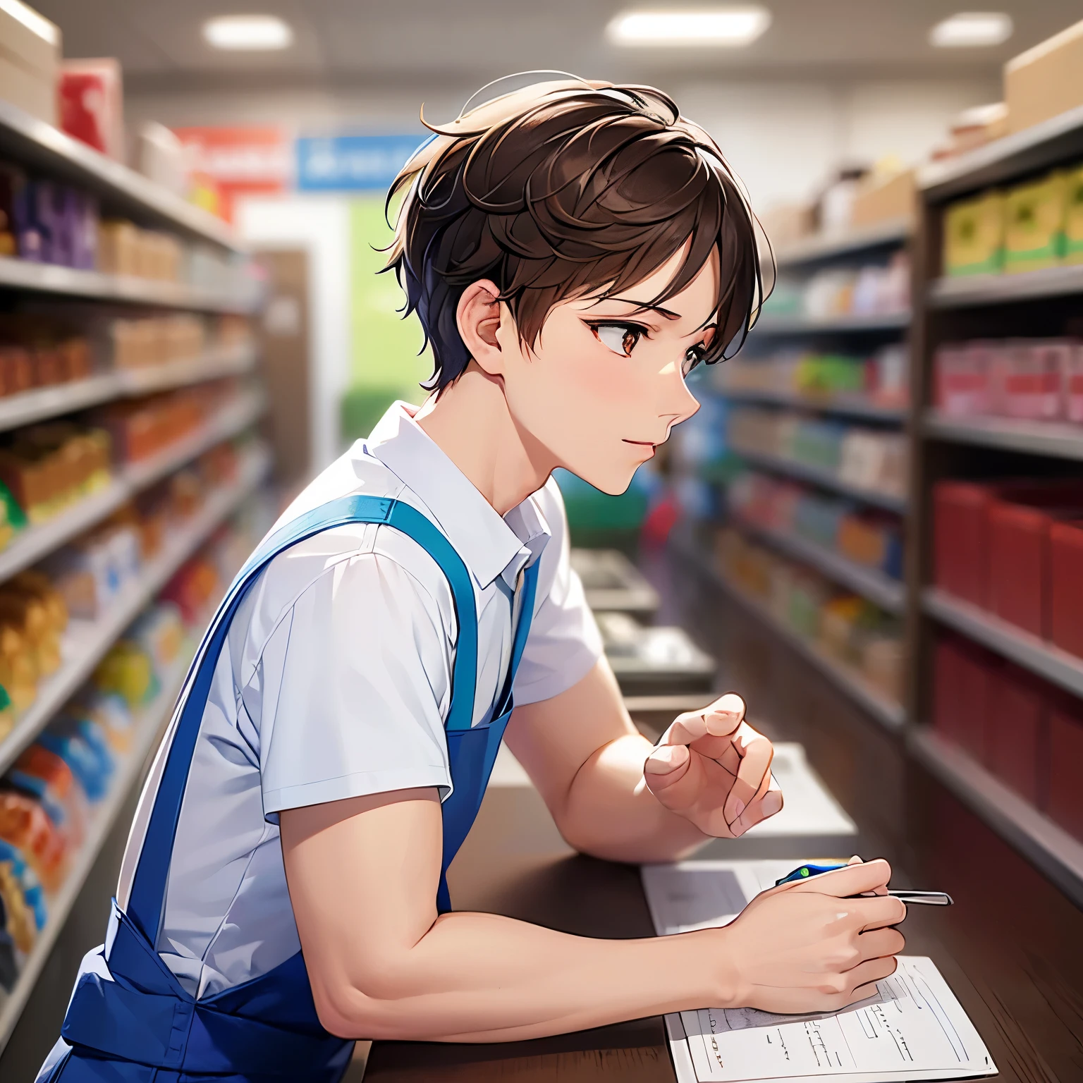 side angle, Raising hand, (looking away:1.5), masterpiece、high quality、(25 year old man with short brown hair and brown eyes:1.5)、white t-shirt、(Wearing a blue apron:1.5)、disgust, Supermarket background、Alone、bold composition