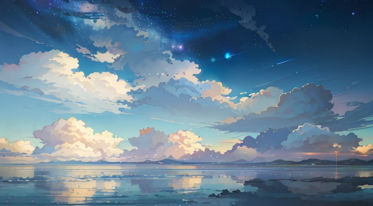There is a photo of the sky with clouds and stars, space sky. By makoto shinkai, anime sky, anime clouds, blue sea. makoto shinkai, makoto shinkai's style, makoto shinkai's style, Ross Tran. inspired by scenic backgrounds, makoto shinkai, makoto shinkai. - H 2160, summer, makoto shinkai concept art, tumbler, magical realism, beautiful anime scene, beautiful sky. makoto shinkai, ((Xin Haicheng)), anime background art, anime background, makoto shinkai's style, anime movie background, Galaxy Express, not human