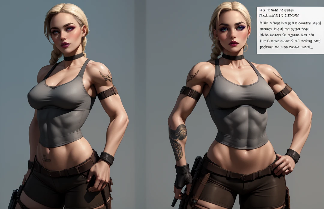 The concept character sheet of a strong, attractive, and hot girl, (tomb raider style), wearing tomb raider clothes. Her face is oval, forehead is smooth and visibly rounded at the temples. jawline is softly defined, giving her a gentle and feminine appearance, full body, Full of details, frontal body view, back body view, Highly detailed, Depth, Many parts, ((Masterpiece, Highest quality)), 8k, Detailed face, scars, serious expression. Infographic drawing. Multiple sexy poses. tattoos,3d, (braids blond), (light blue eyes), choker, armed