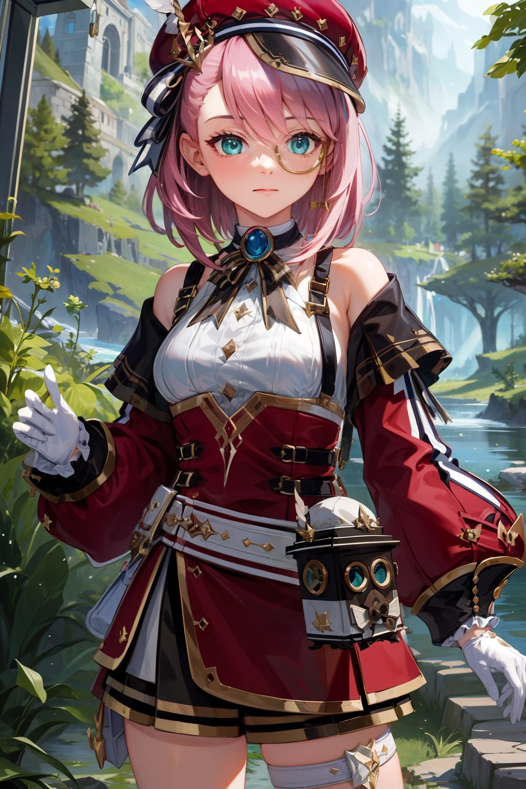 (masterpiece:1.3), (absurdres:1.3), (best quality:1.3), (ultra-detailed:1.3), 1girl, charlotteid, pink hair, hat, gloves, monocle, bare shoulders, green eyes, long sleeves, short hair, detached sleeves, skirt,  upper body, looking at viewer, forest, magical tree, sunlight, light ray,  