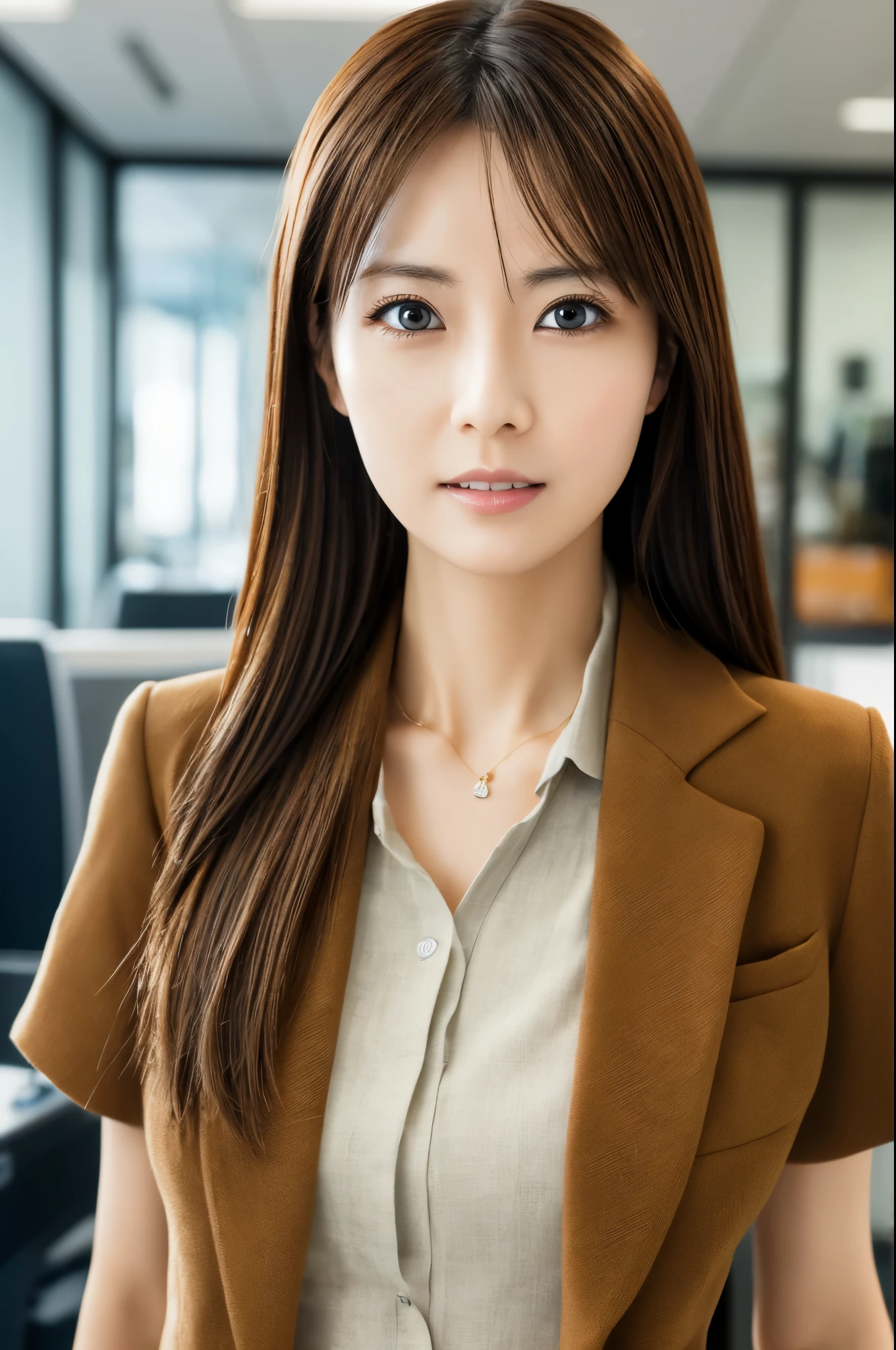 masterpiece, disorganized, small details, HDR, highly detailed face and eyes, Photoreal, full body photo of a skinny Japanese woman, blurred background, Head office photo