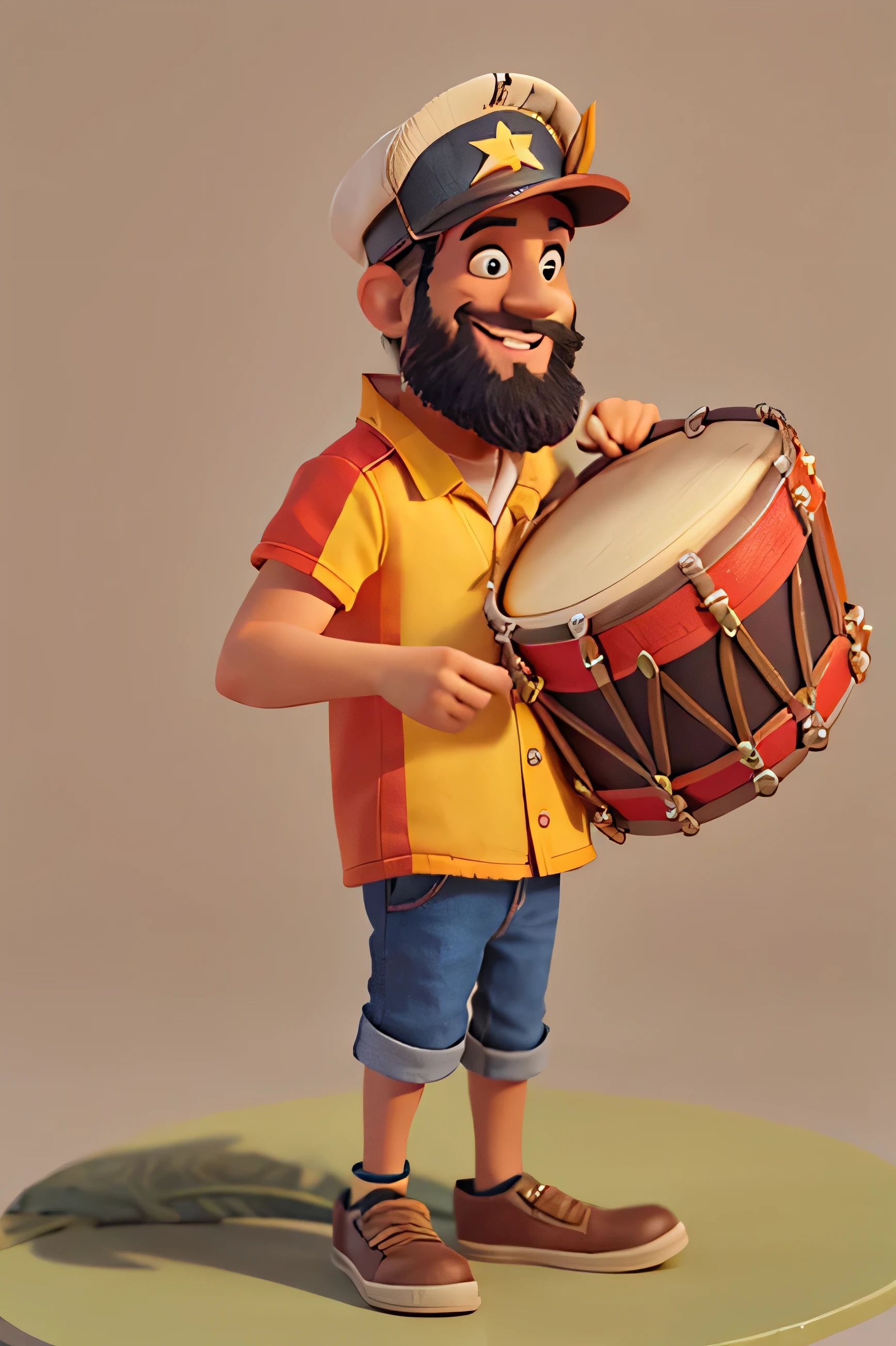there is a man with a beard and a cap smiling, he is a carnival drum master, esta ensinando a tocar ripinique, no estilo disney pixar