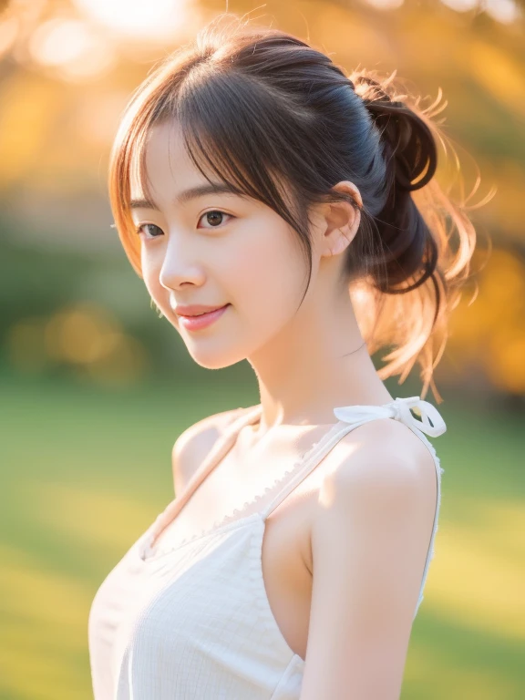 masterpiece, highest quality, RAW photo, realistic, smile, beautiful girl, cute, delicate girl, hair up, written boundary depth, High resolution, Super detailed, detailed, 非常にdetailedな目と顔, realistic student, sharp focus, cinematic lighting, Upper body,