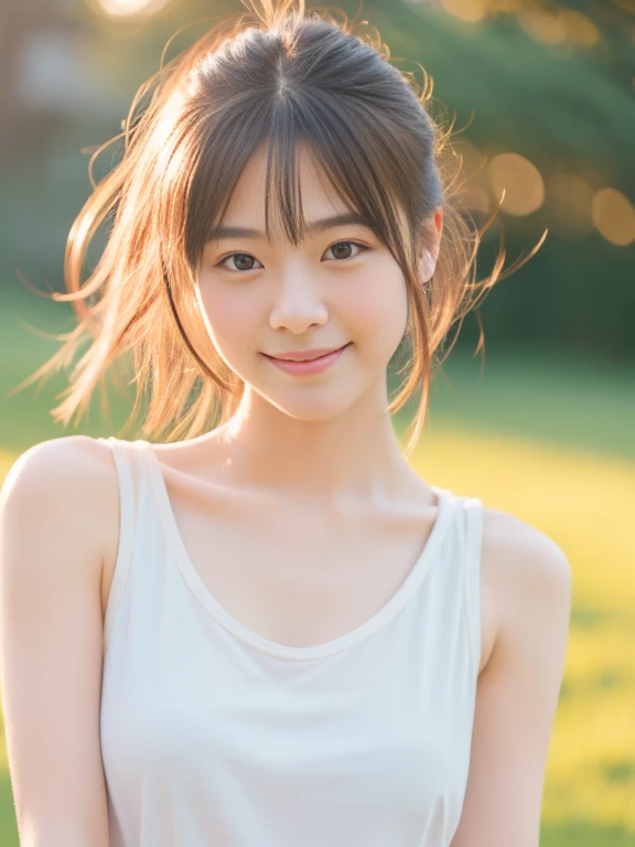 masterpiece, highest quality, RAW photo, realistic, smile, beautiful girl, cute, delicate girl, hair up, written boundary depth, High resolution, Super detailed, detailed, 非常にdetailedな目と顔, realistic student, sharp focus, cinematic lighting, Upper body,
