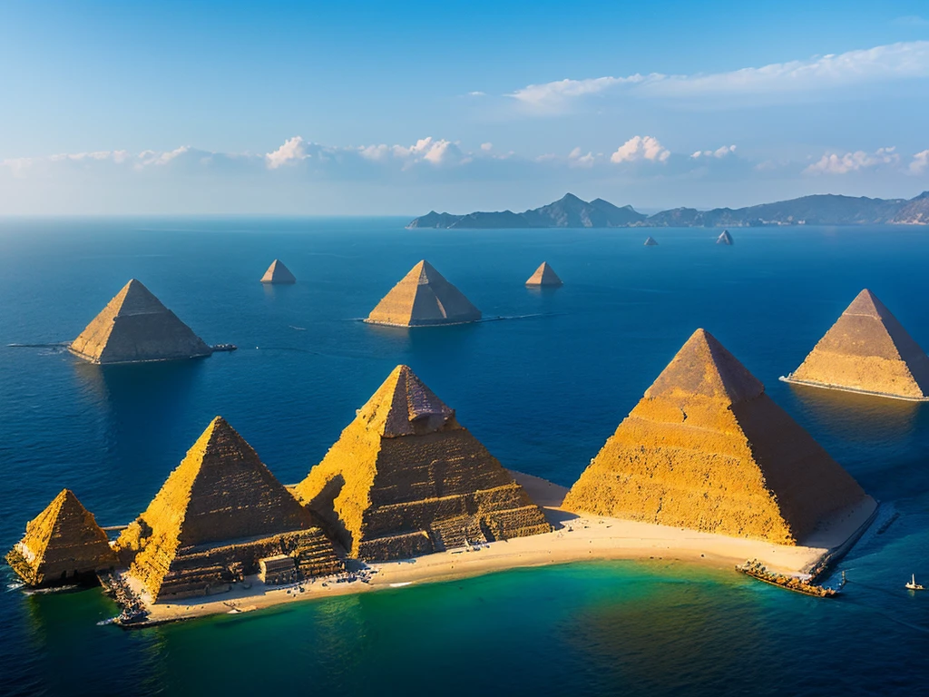 Three pyramids in the sea, surreal image, fantasy, individually different colors, clear sky, high image quality