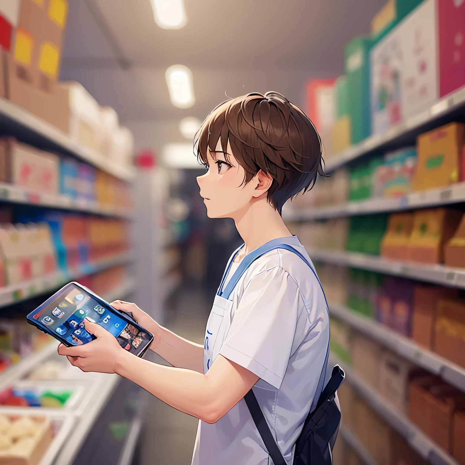 side angle, (looking away:1.5), masterpiece、high quality、(25 year old man with short brown hair and brown eyes:1.5)、white t-shirt、(Wearing a blue apron:1.5)、disgust, Supermarket background、Alone、bold composition