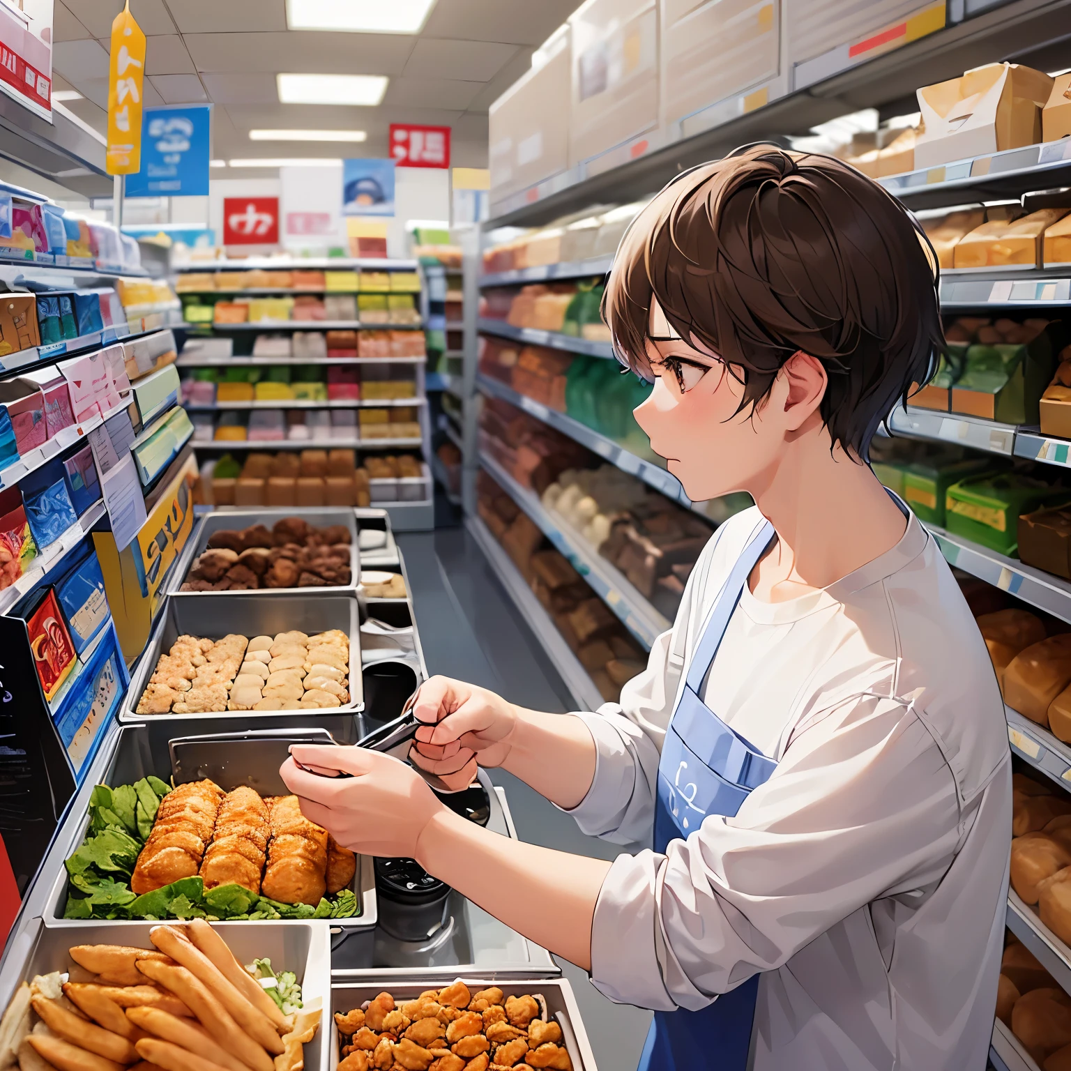 side angle, (looking away:1.5), masterpiece、high quality、(25 year old man with short brown hair and brown eyes:1.5)、white t-shirt、(Wearing a blue apron:1.5)、disgust, Supermarket background、Alone、bold composition