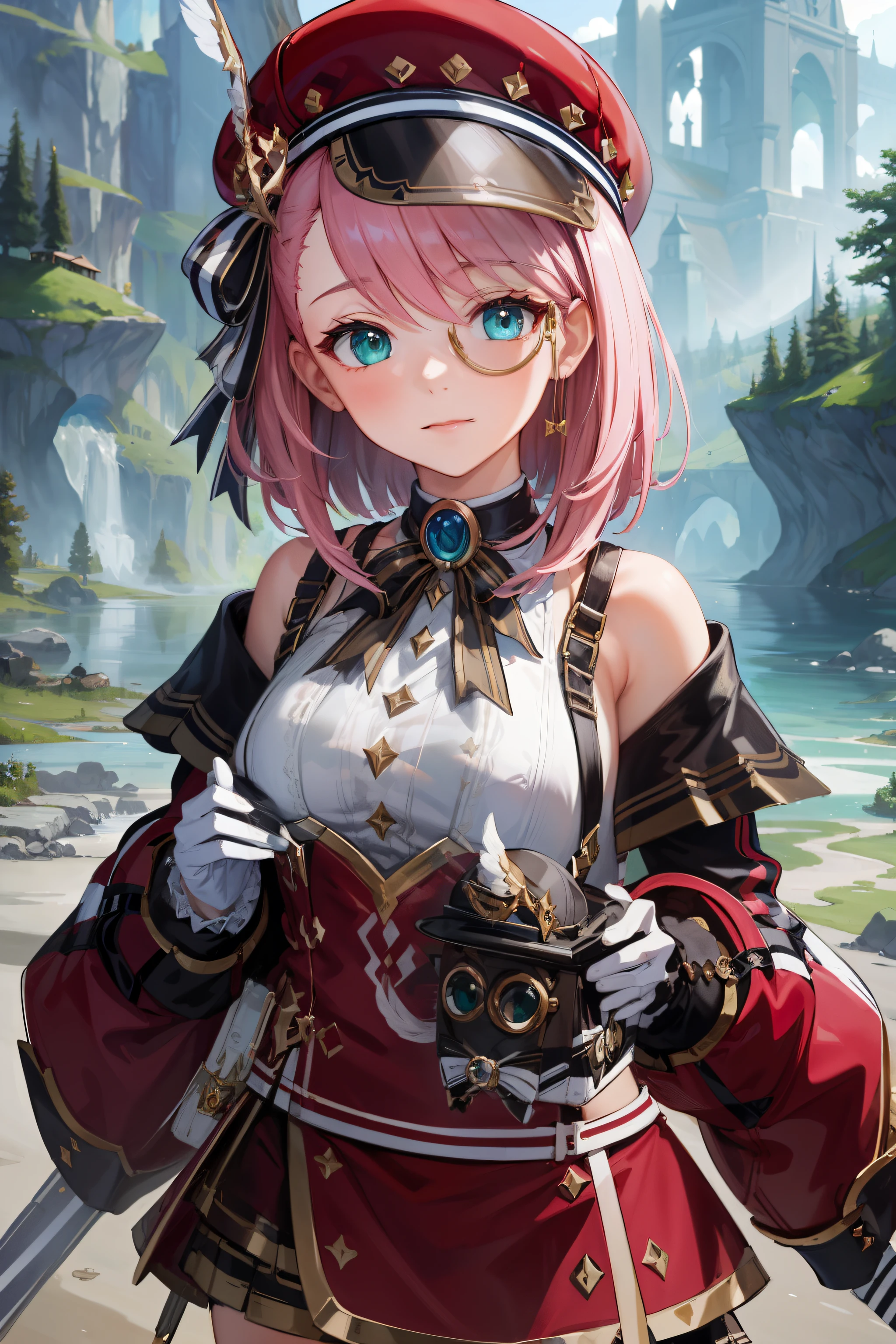 (masterpiece:1.3), (absurdres:1.3), (best quality:1.3), (ultra-detailed:1.3), 1girl, charlotteid, pink hair, hat, gloves, monocle, bare shoulders, green eyes, long sleeves, short hair, detached sleeves, skirt,  upper body, looking at viewer, forest, magical tree, sunlight, light ray,  