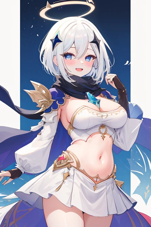 best quality, masterpiece, highres, solo, {paimon_genshin:1.15}, (white_hair), halo, hair_ornament, blue_eyes, hair_between_eyes, short_hair, bangs, open_mouth, blush, smile, cape, 1girl, dress, long_sleeves, looking_at_viewer, scarf, white_dress, (), exposed belly